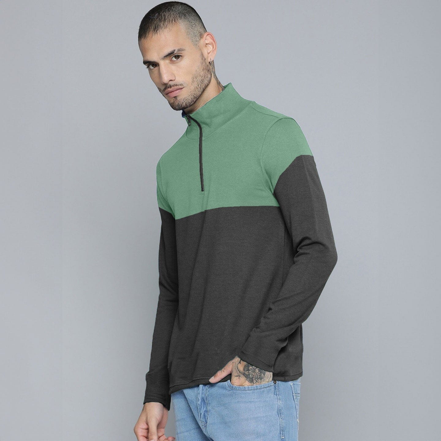 Max 21 Men's Contrast Design Quarter Zipper Fleece Sweat Shirt Men's Sweat Shirt SZK Black & Green S 