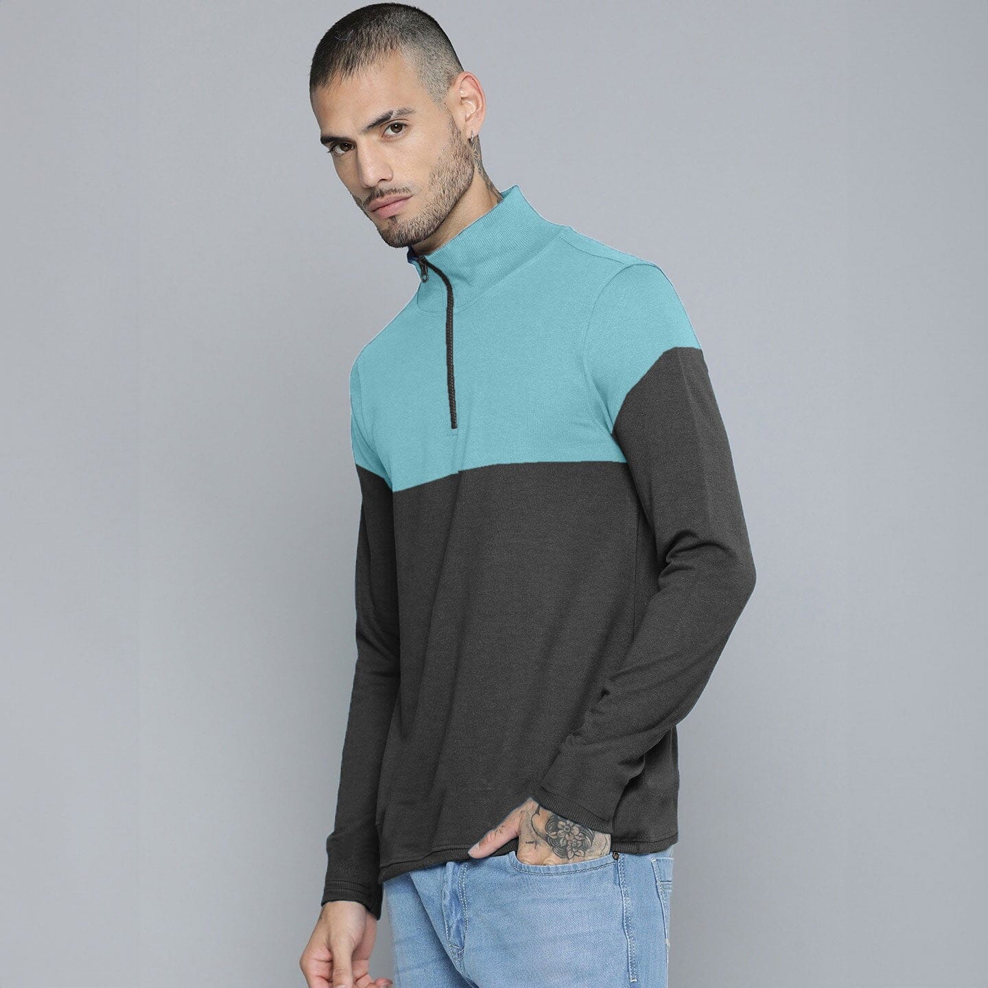 Max 21 Men's Contrast Design Quarter Zipper Fleece Sweat Shirt Men's Sweat Shirt SZK Black & Teal S 