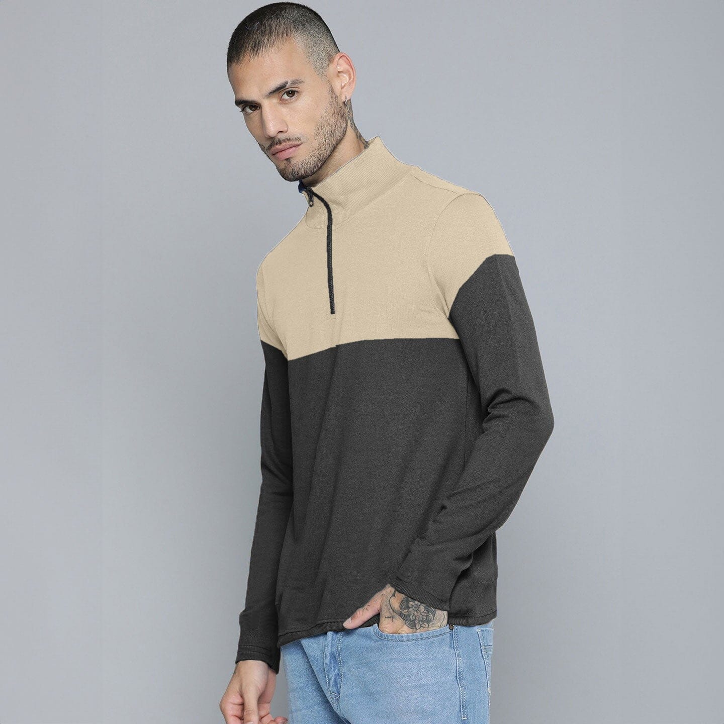 Max 21 Men's Contrast Design Quarter Zipper Fleece Sweat Shirt Men's Sweat Shirt SZK Black & Beige S 