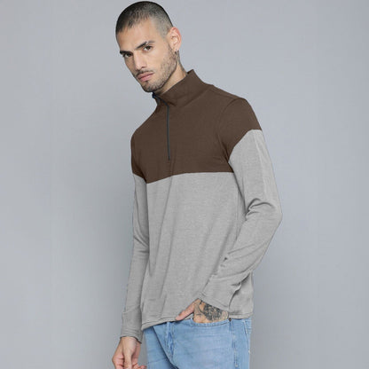 Max 21 Men's Contrast Design Quarter Zipper Fleece Sweat Shirt Men's Sweat Shirt SZK Grey & Brown S 