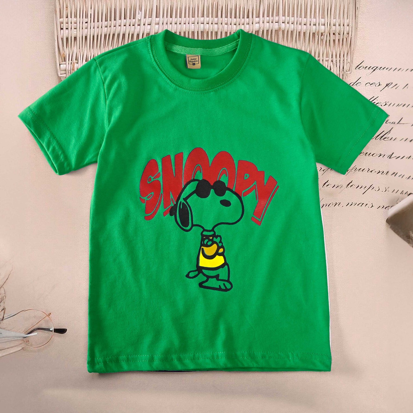 Junior Republic Kid's Snoopy Printed Crew Neck Tee Shirt Boy's Tee Shirt JRR Green 1-2 Years 