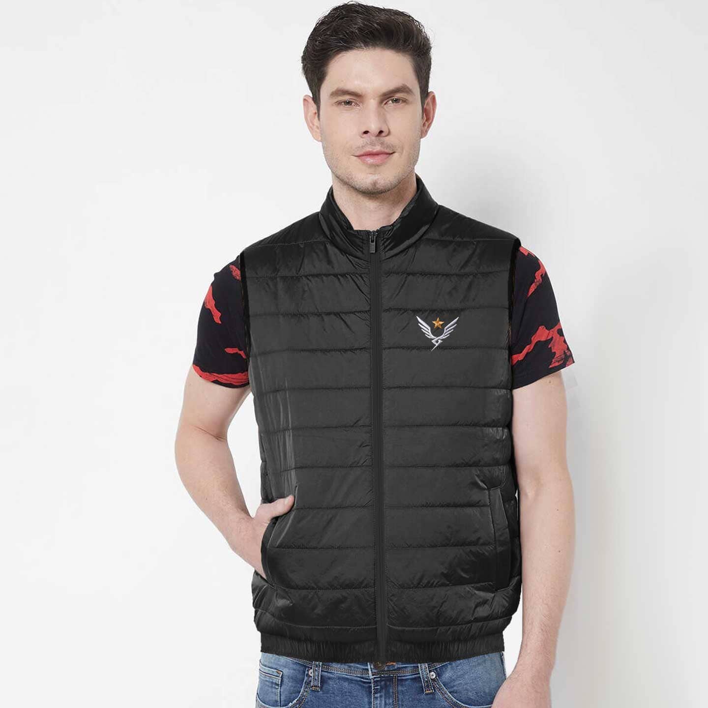 The Burnt Soul Men's French Wings Embroidered Sleeveless Puffer Gilet Men's Gilet IBT Black S 