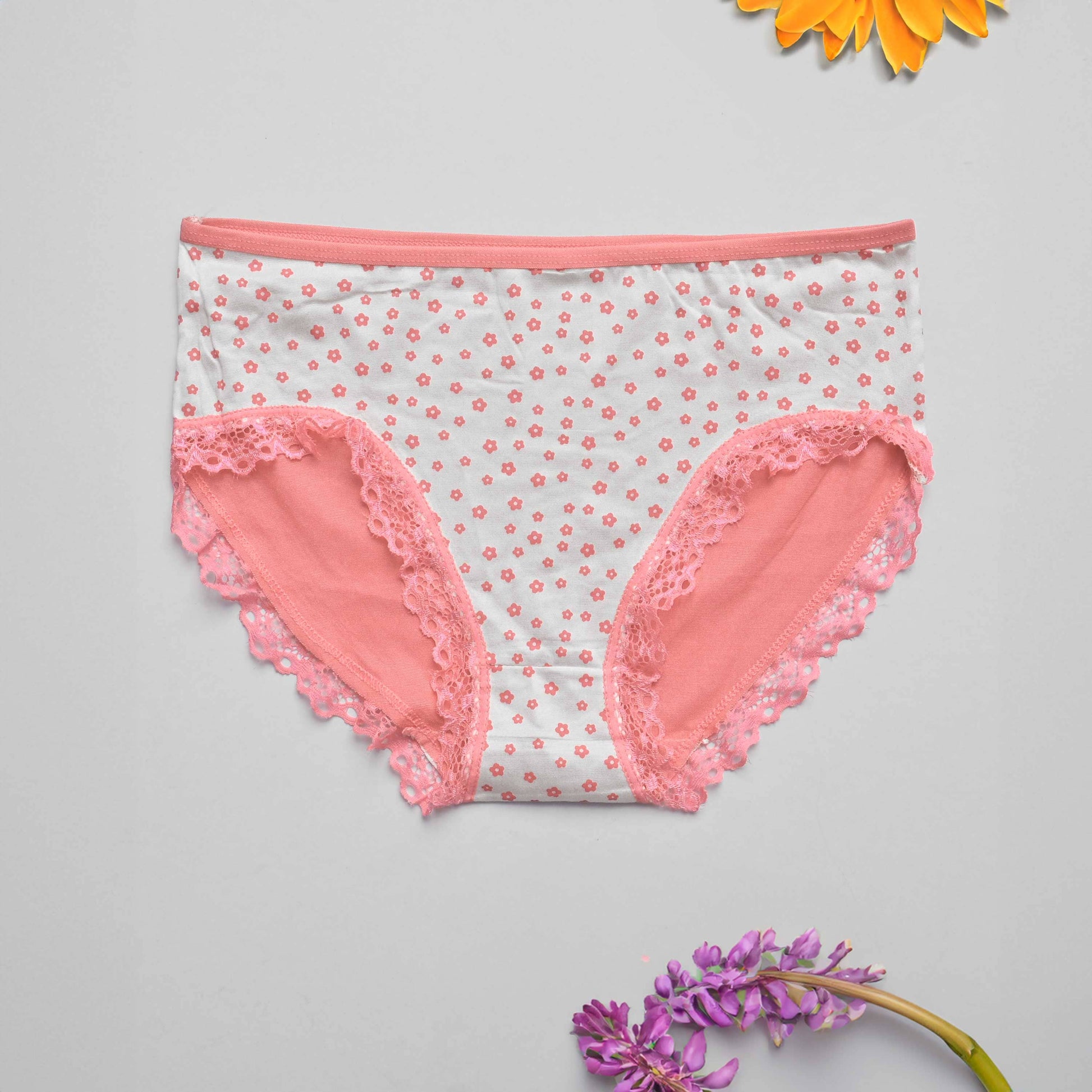 Women's Lace Design Floral Printed Hipster Boxer Women's Panties SRL White & Powder Pink 28-32 