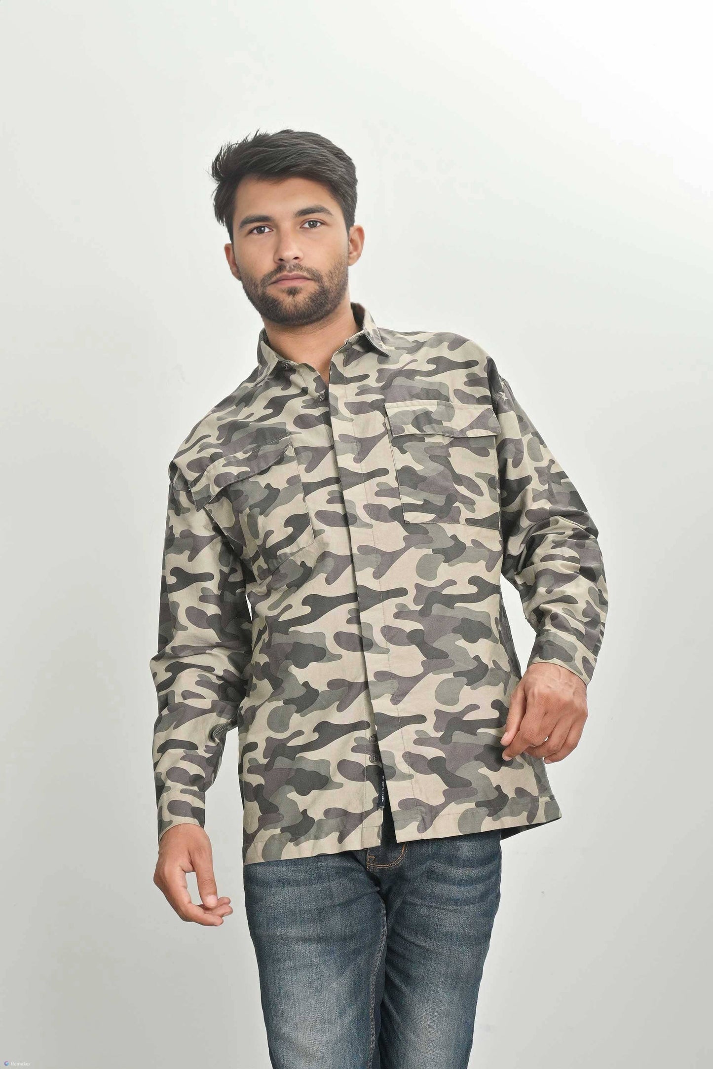 Men's Camo Printed Chest Pocket Design Long Sleeves Casual Shirt