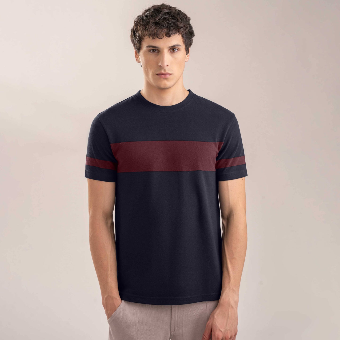 Men's Contrast Style Sleeves Classic Crew Neck Tee Shirt Men's Tee Shirt IBT Navy & Maroon S 