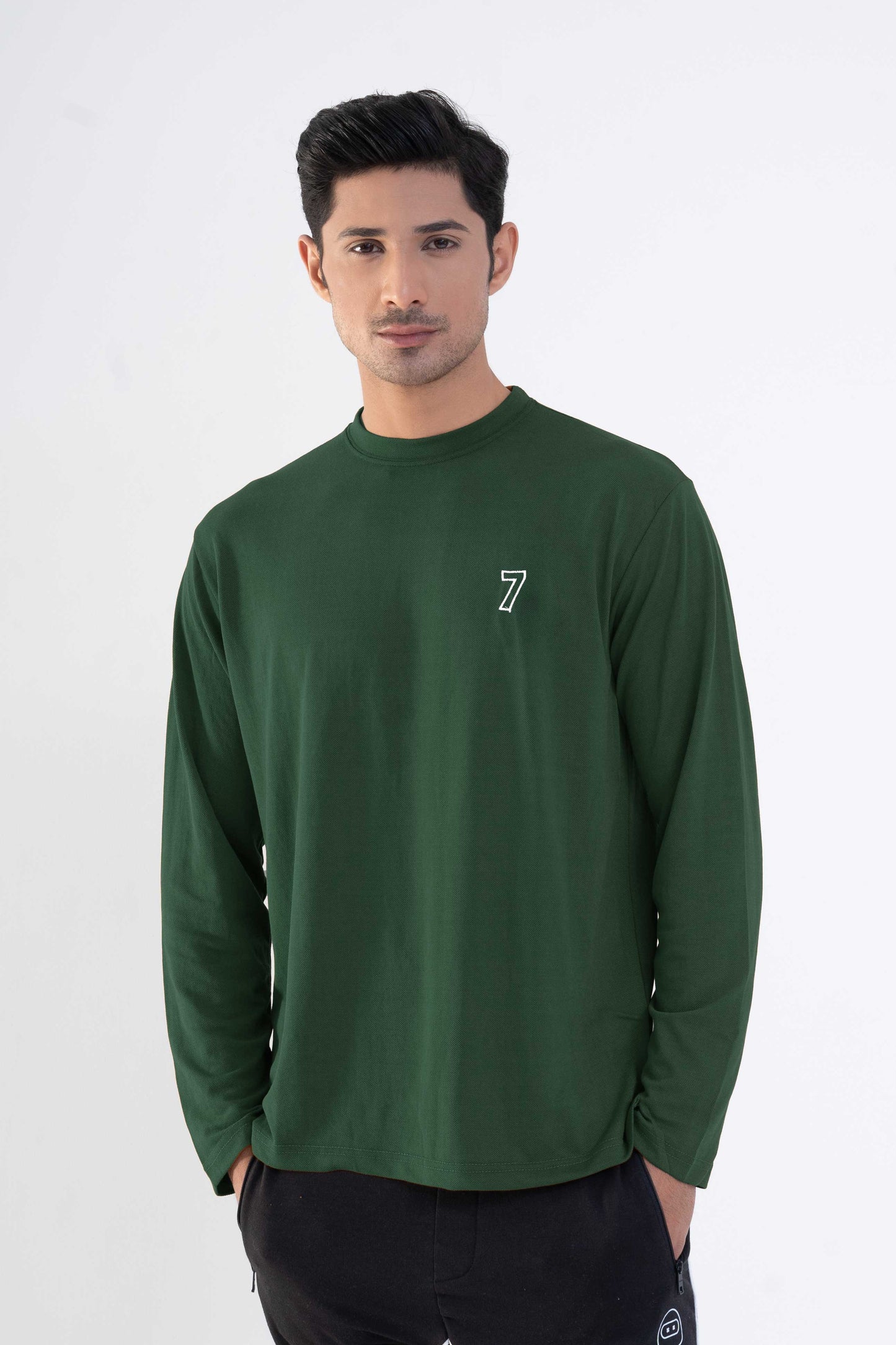 Men's 7 Embroidered Crew Neck Long Sleeve Tee Shirt