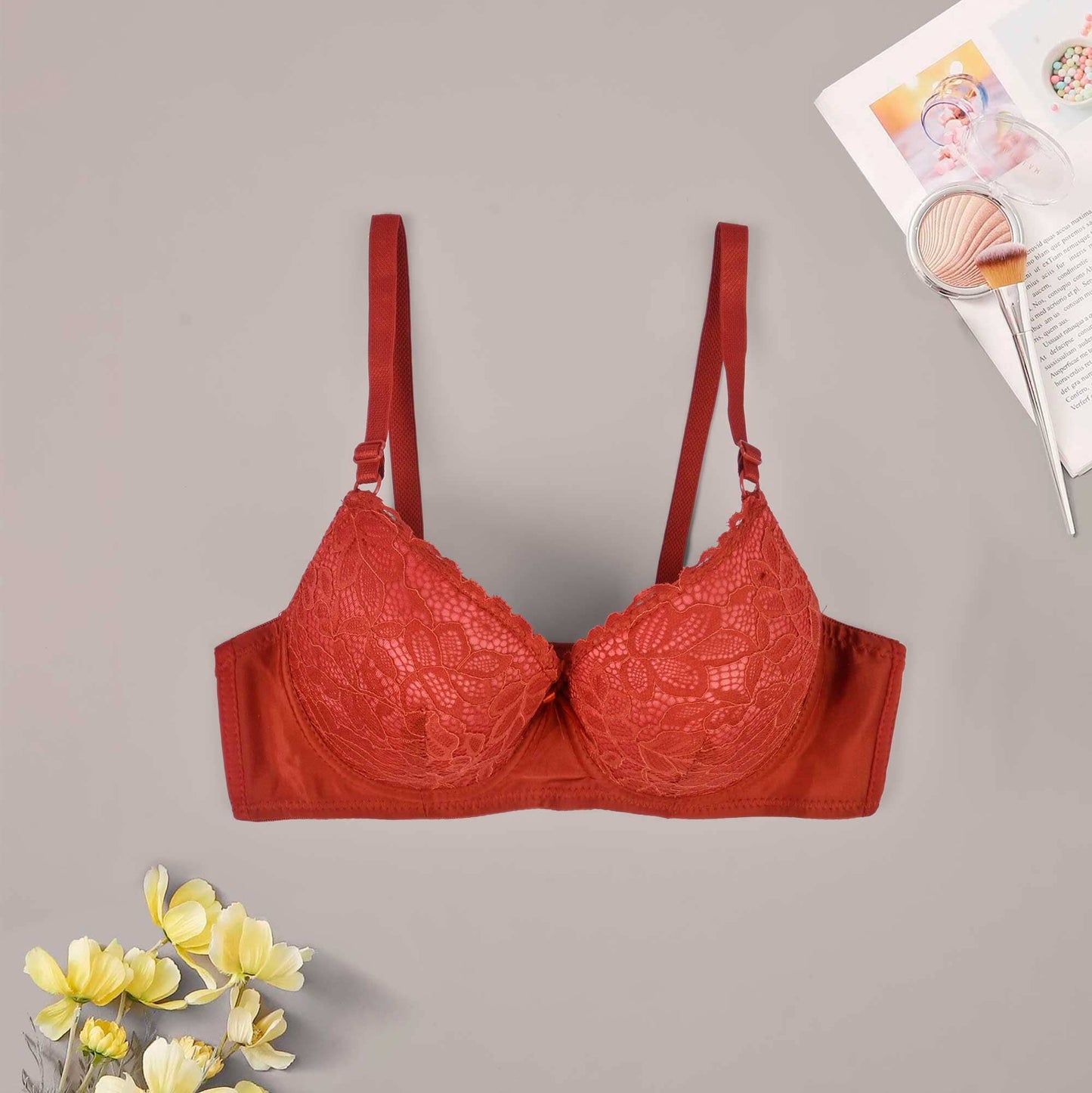 Yanni Women's Stretched Floral Embroidered Wired Padded Push Up Bra Women's Lingerie RAM Red 38 