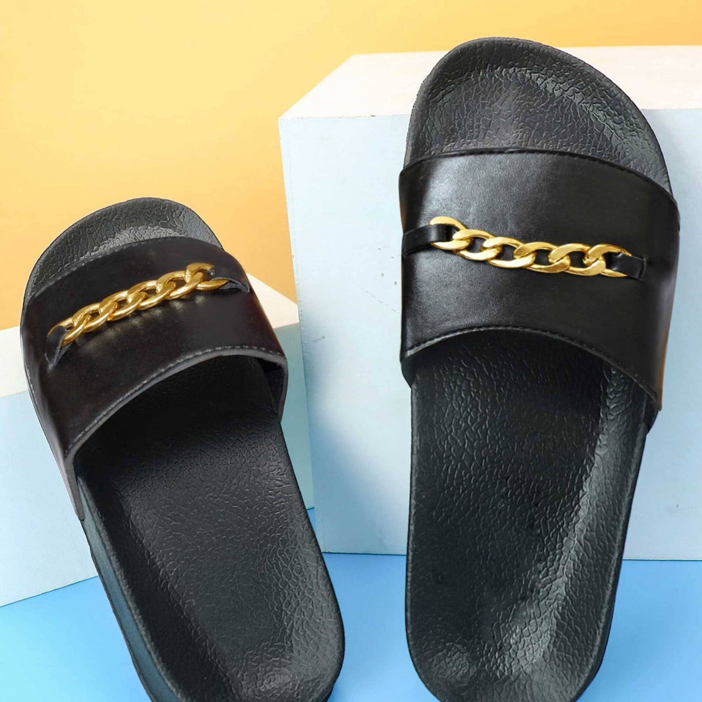 Black Camel Men's Chain Embellished Soft Slides Men's Shoes Hamza Traders 