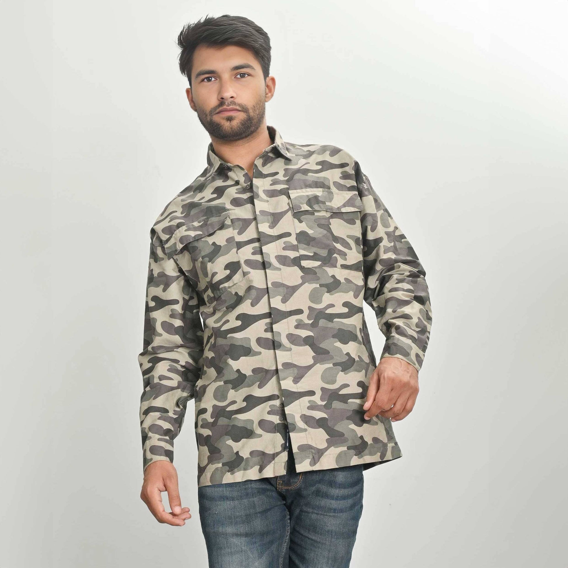 Men's Camo Printed Chest Pocket Design Long Sleeves Casual Shirt Men's Casual Shirt HAS Apparel Camouflage Green S 