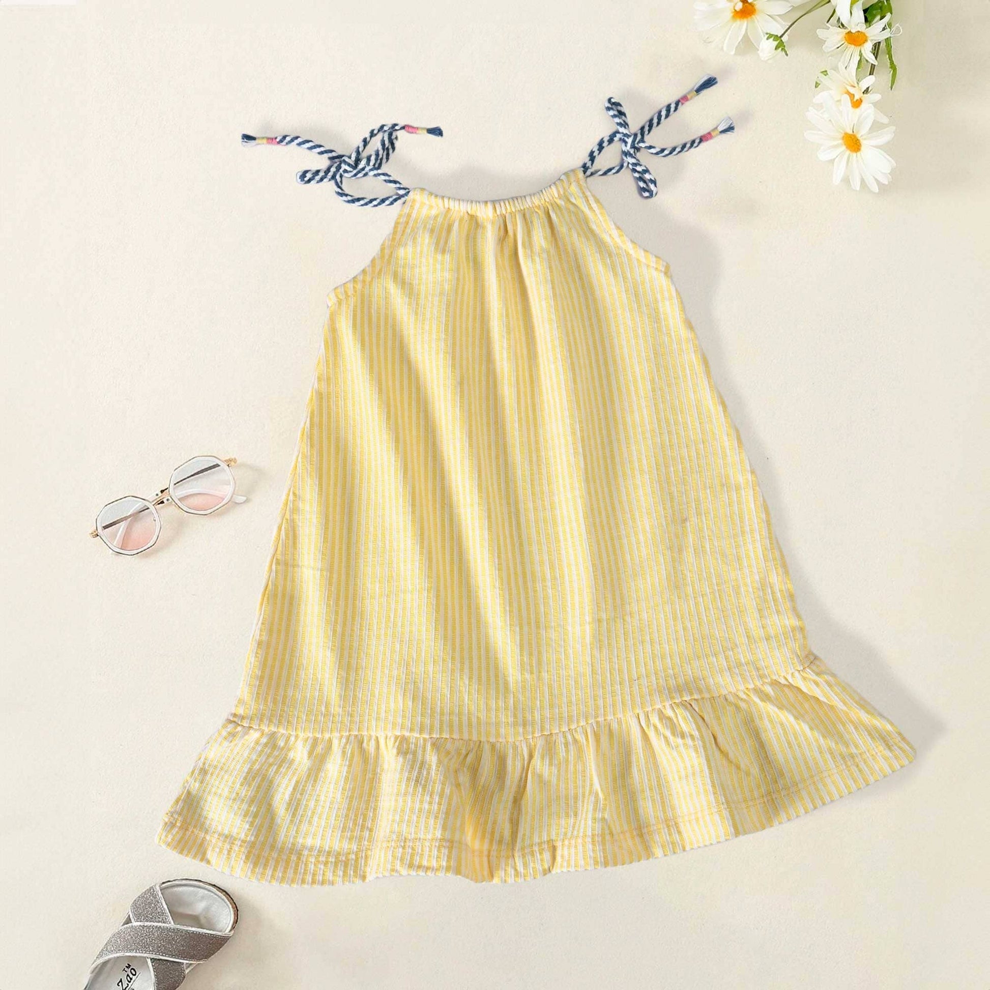 Girl's Drawstring Shoulder Striped Style Premium Frock Girl's Frock Haider Traders (Sale basis) Yellow 1 Years 