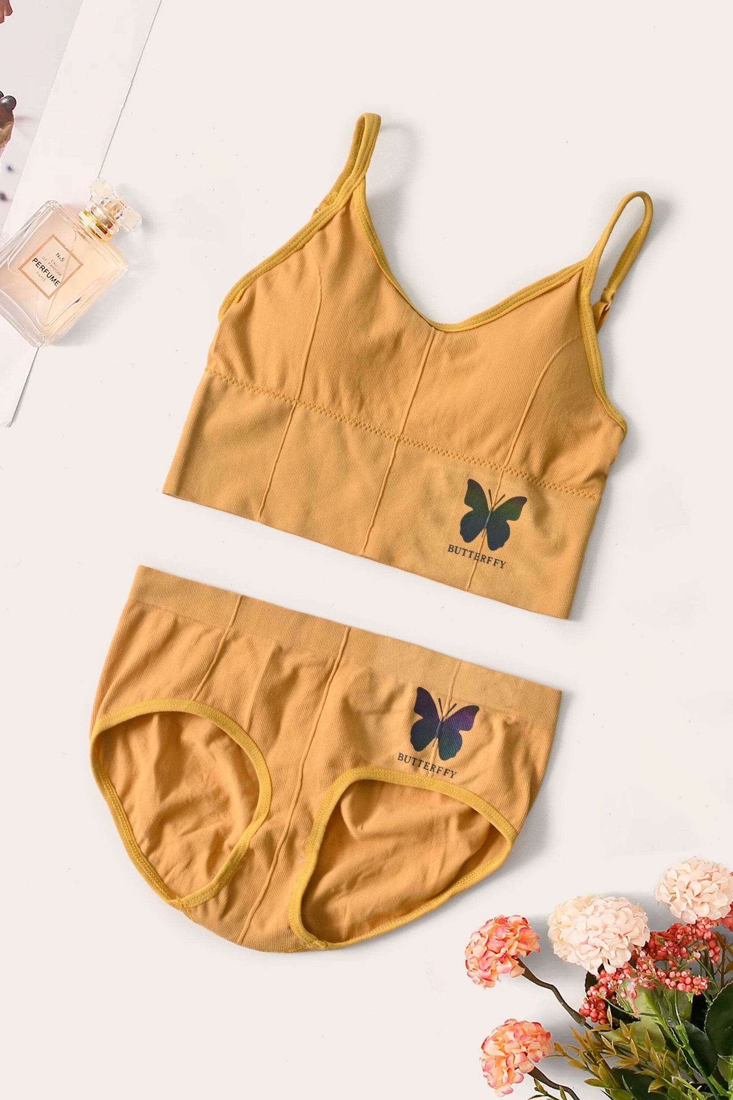 Girl's Butterfly Printed Bidi Bra & Brief Set Girl's Undergarment Cash Purchase Kamran Mushtaq Mustard 26-28 