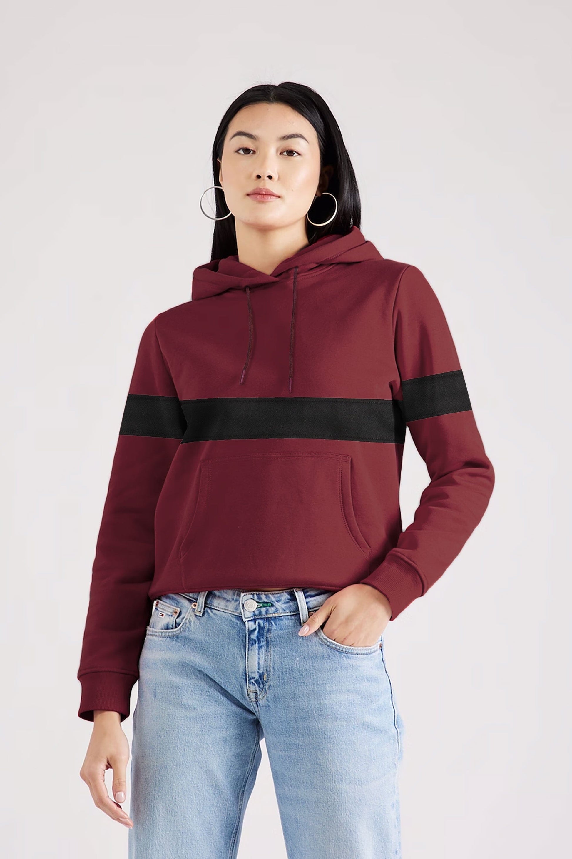 East West Women's Contrast Sleeves Fleece Pullover Hoodie Women's Pullover Hoodie East West Maroon & Black XXS 