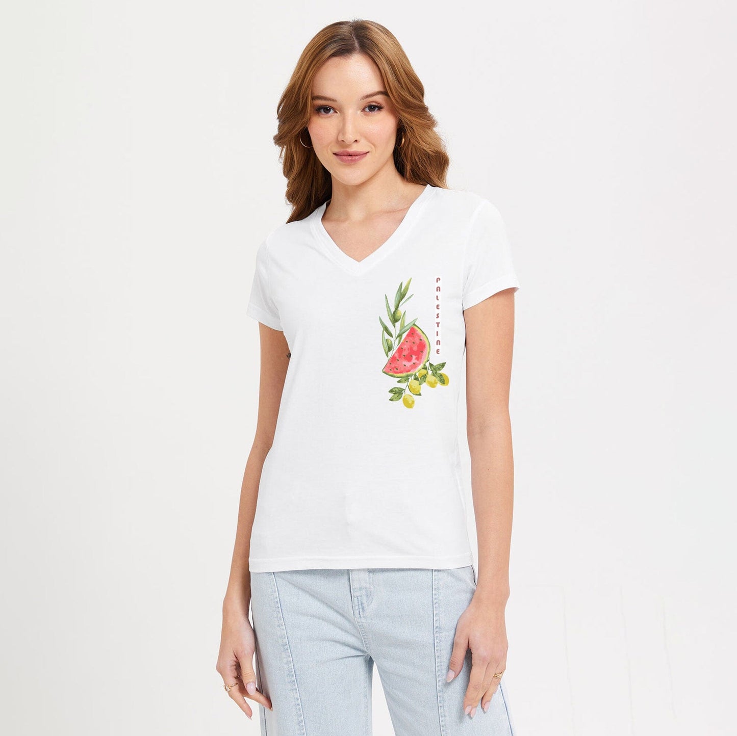 BYD Women's Palestine Fruit Of The Nation Printed V- Neck Tee Shirt Women's Tee Shirt Image White XS 