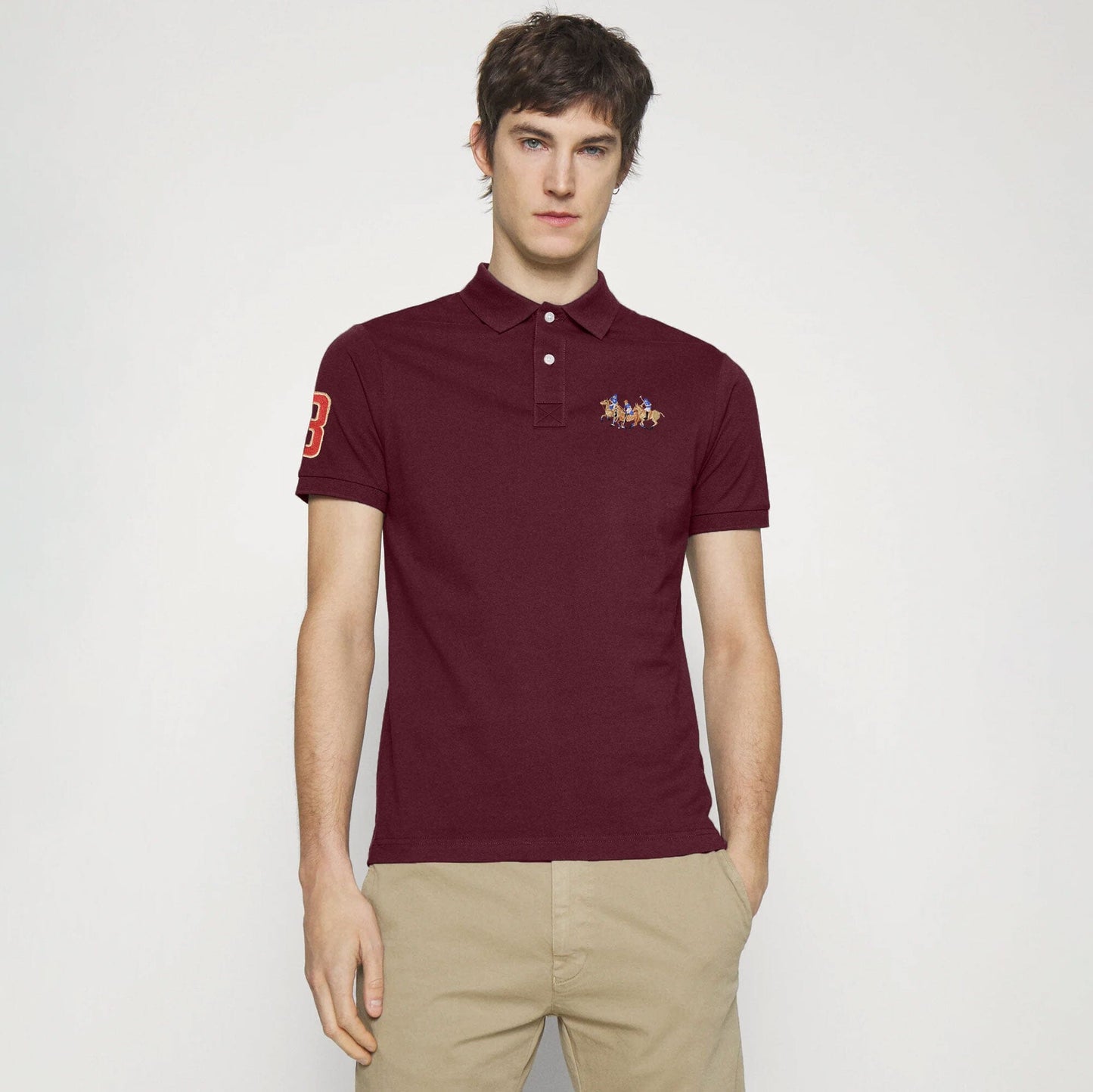 Polo Republica Men's Triple Pony & 8 Embroidered Short Sleeve Polo Shirt Men's Polo Shirt Polo Republica Maroon S 