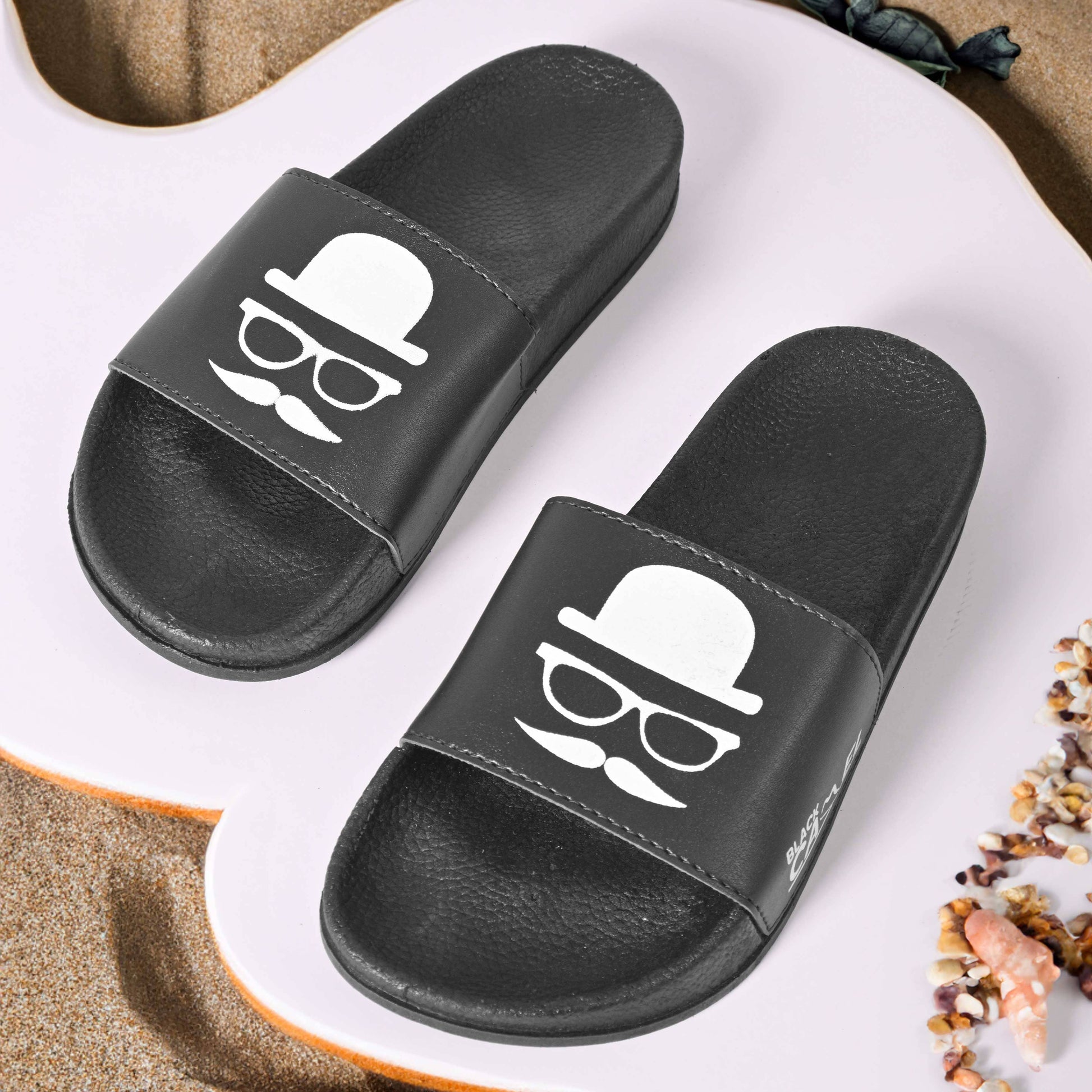 Black Camel Men's Mustache Printed Slides