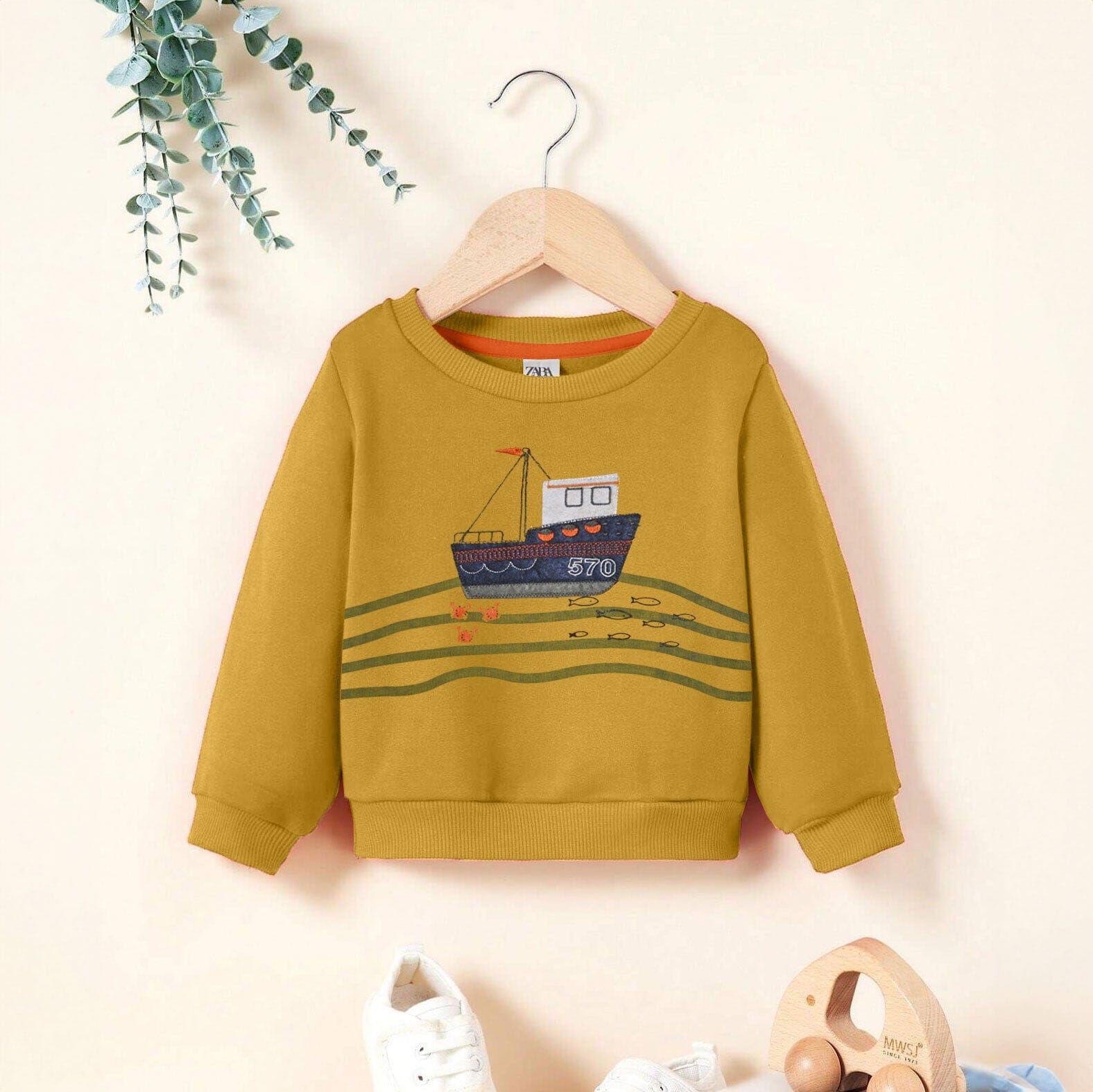 Kid's Applique Boat Fleece Sweat Shirt Kid's Sweat Shirt SNR Yellow 6-9 Months 