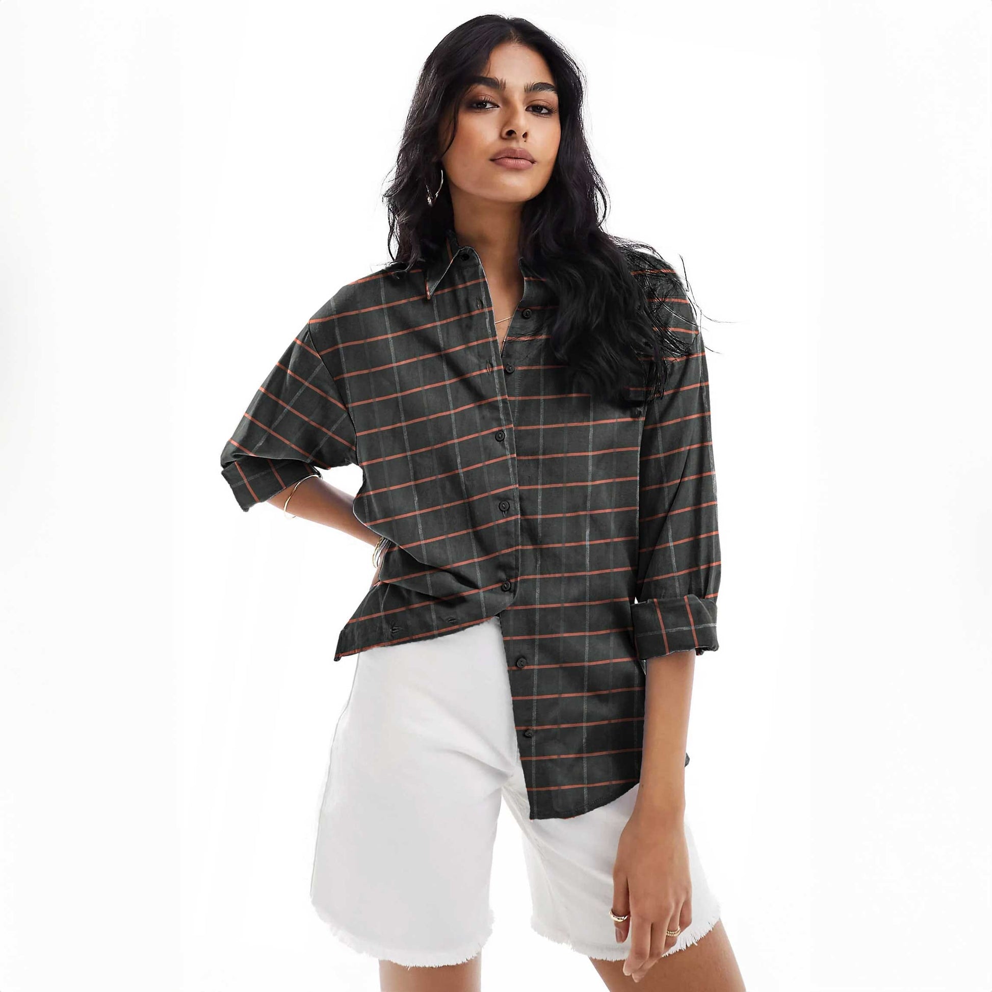 East West Women's Check Design Button Down Minor Fault Shirt Women's Casual Top East West Black XS 