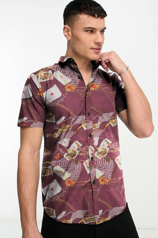 Fashion Men's Playing Card Printed Slim Fit Casual Shirt Men's Casual Shirt First Choice Plum S 