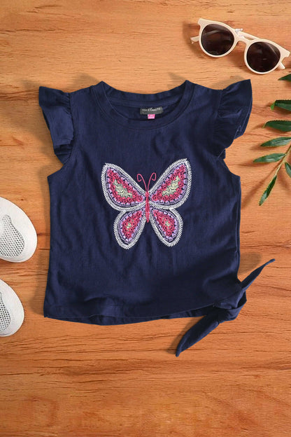 VC Girl's Butterfly Embroidered Short Sleeve Tee Shirt