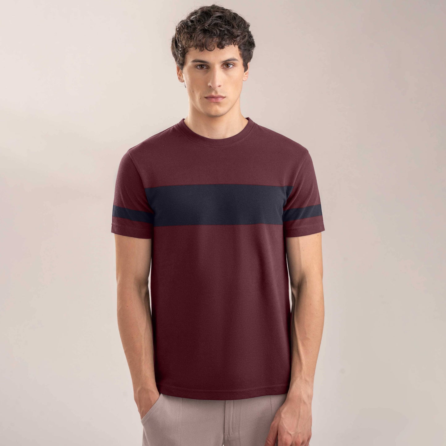 Men's Contrast Style Sleeves Classic Crew Neck Tee Shirt Men's Tee Shirt IBT Maroon & Navy S 