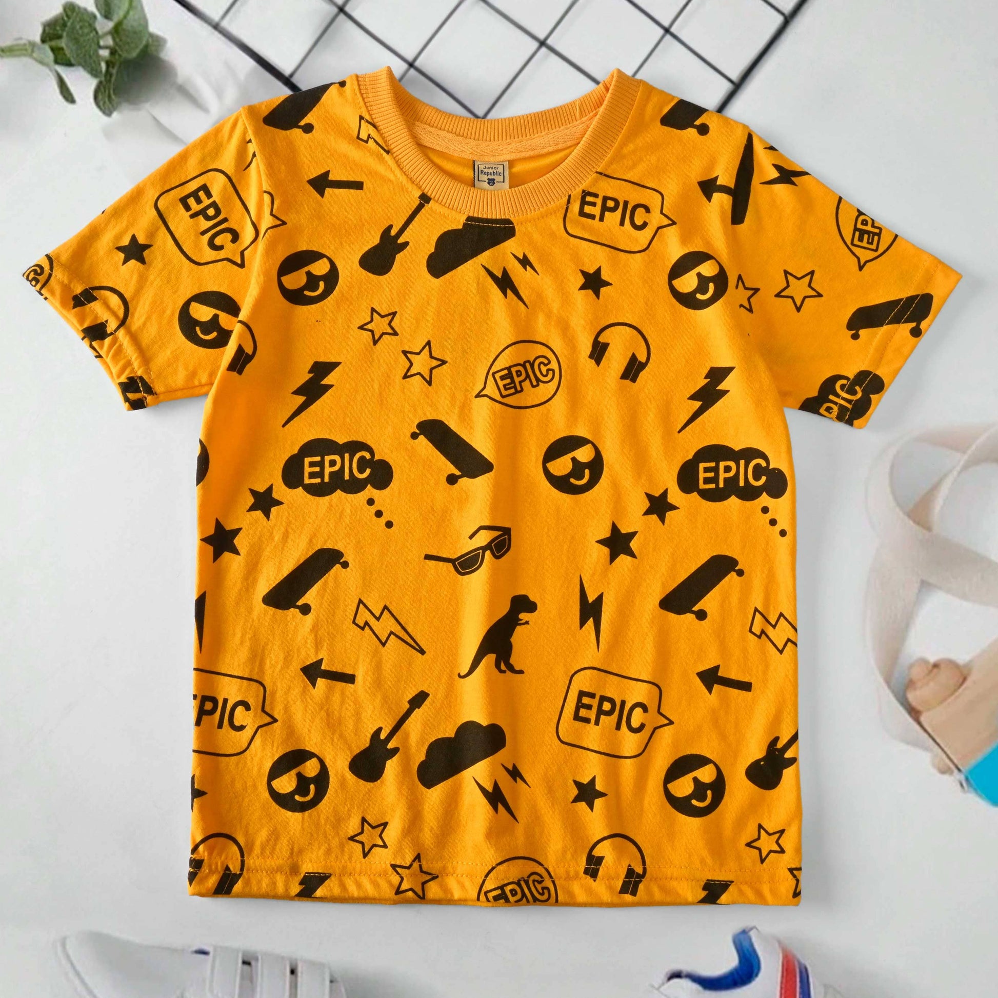 Junior Republic Kid's Epic Printed Crew Neck Tee Shirt Boy's Tee Shirt JRR Yellow 1-2 Years 