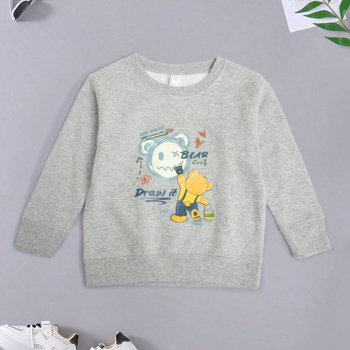 Rabbit Skins Kid's Bear Cool Printed Fleece Sweatshirt Kid's Sweat Shirt SNR Heather Grey 2 Years 