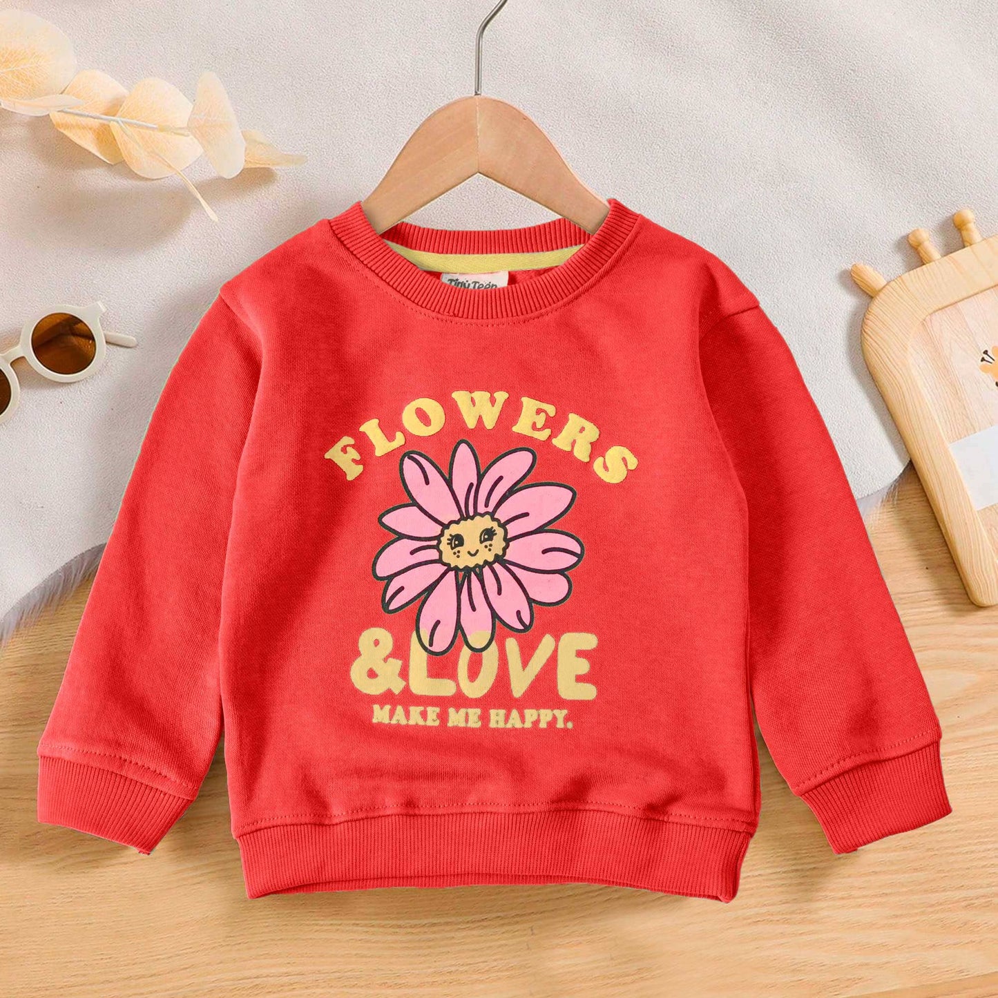 Tiny Teen Kid's Flowers & Love Printed Fleece Sweat Shirt Kid's Sweat Shirt SNR Red 6-9 Months 