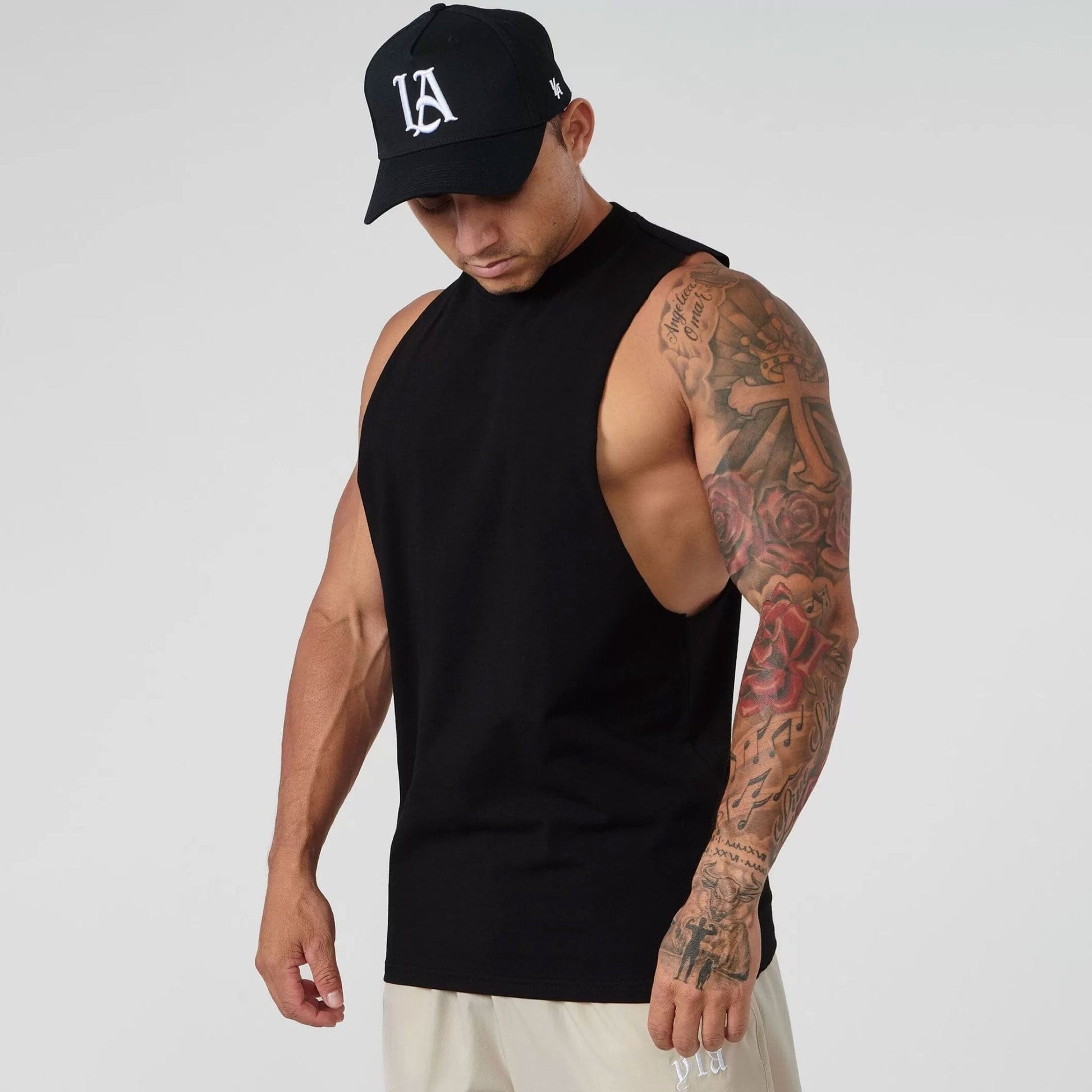 YLA Men's Wide Shoulder Cut Classic Tank Top Men's Activewear Vest Minhas Garments Black S 