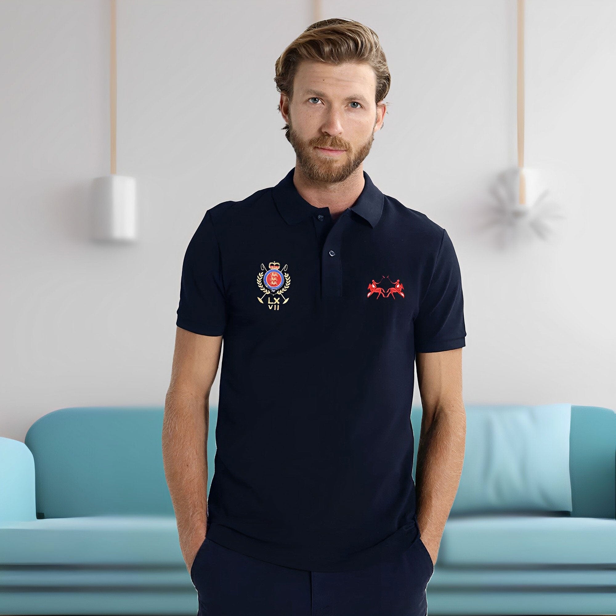 Navy blue polo cheap shirt with red horse