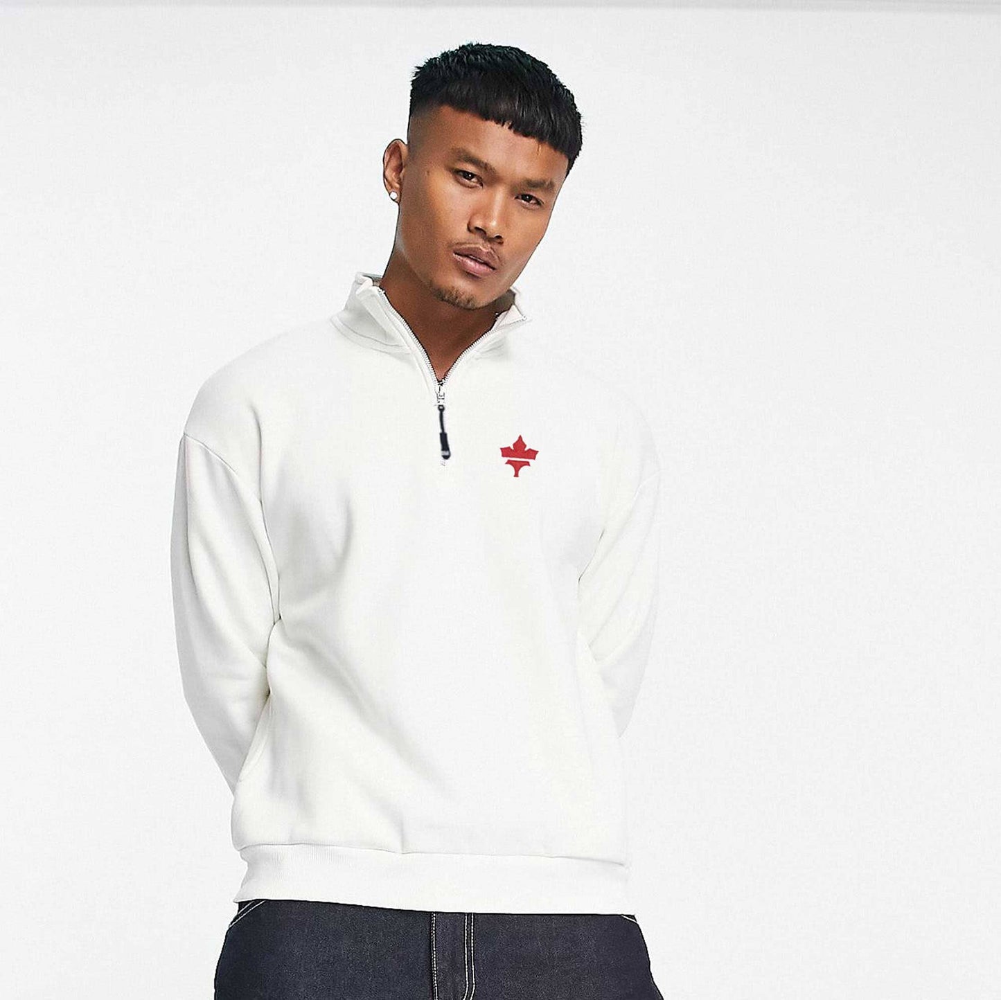 Polo Republica Men's Maple Leaf Embroidered Quarter Zipper Sweat Shirt Men's Sweat Shirt Polo Republica White S 