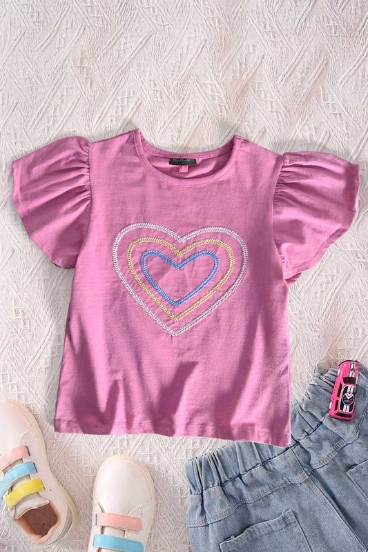 VC Girl's Heart Embroidered Short Sleeve Tee Shirt