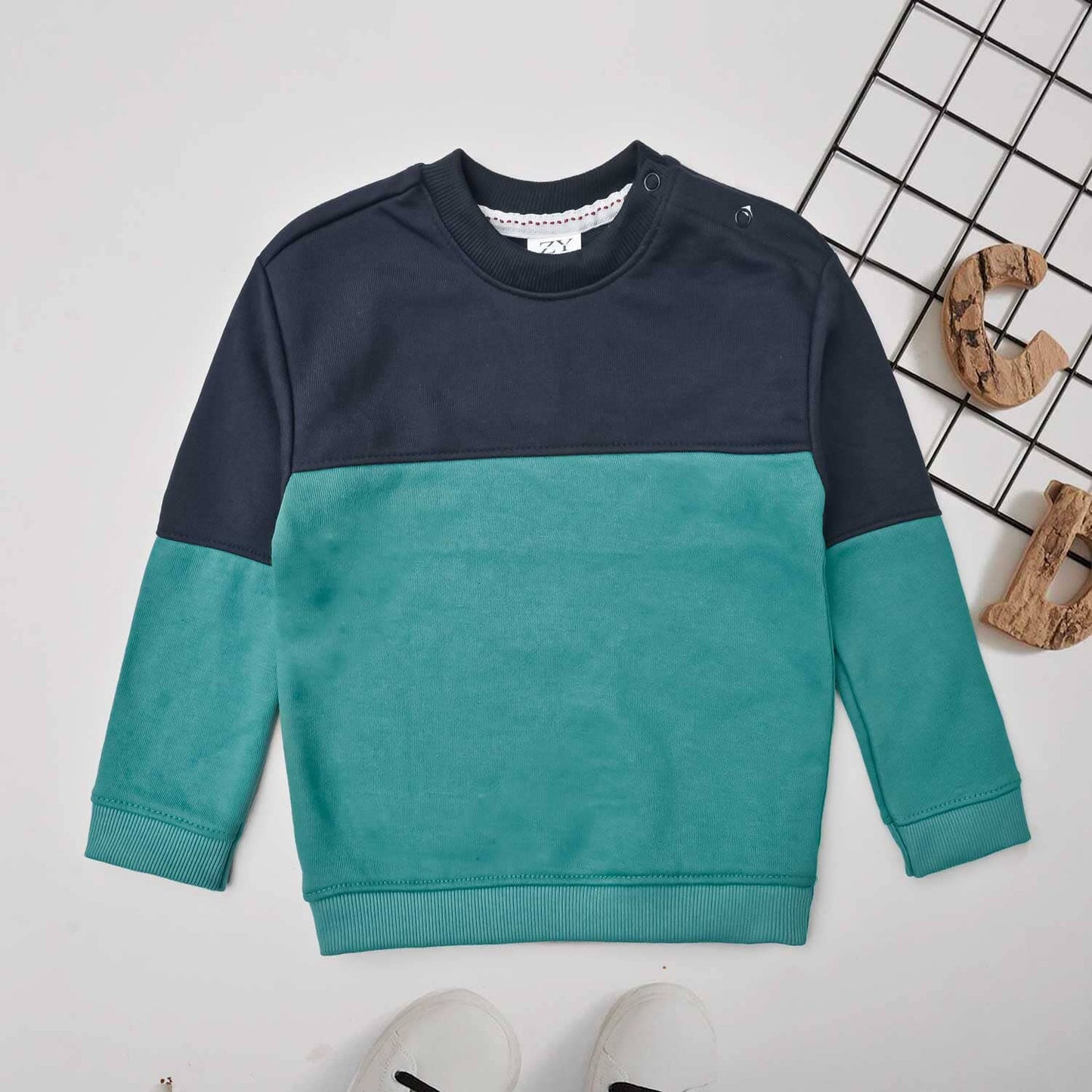 Kid's Shoulder Panel Terry Sweat Shirt Kid's Sweat Shirt SNR Navy & Aqua Green 3-6 Months 