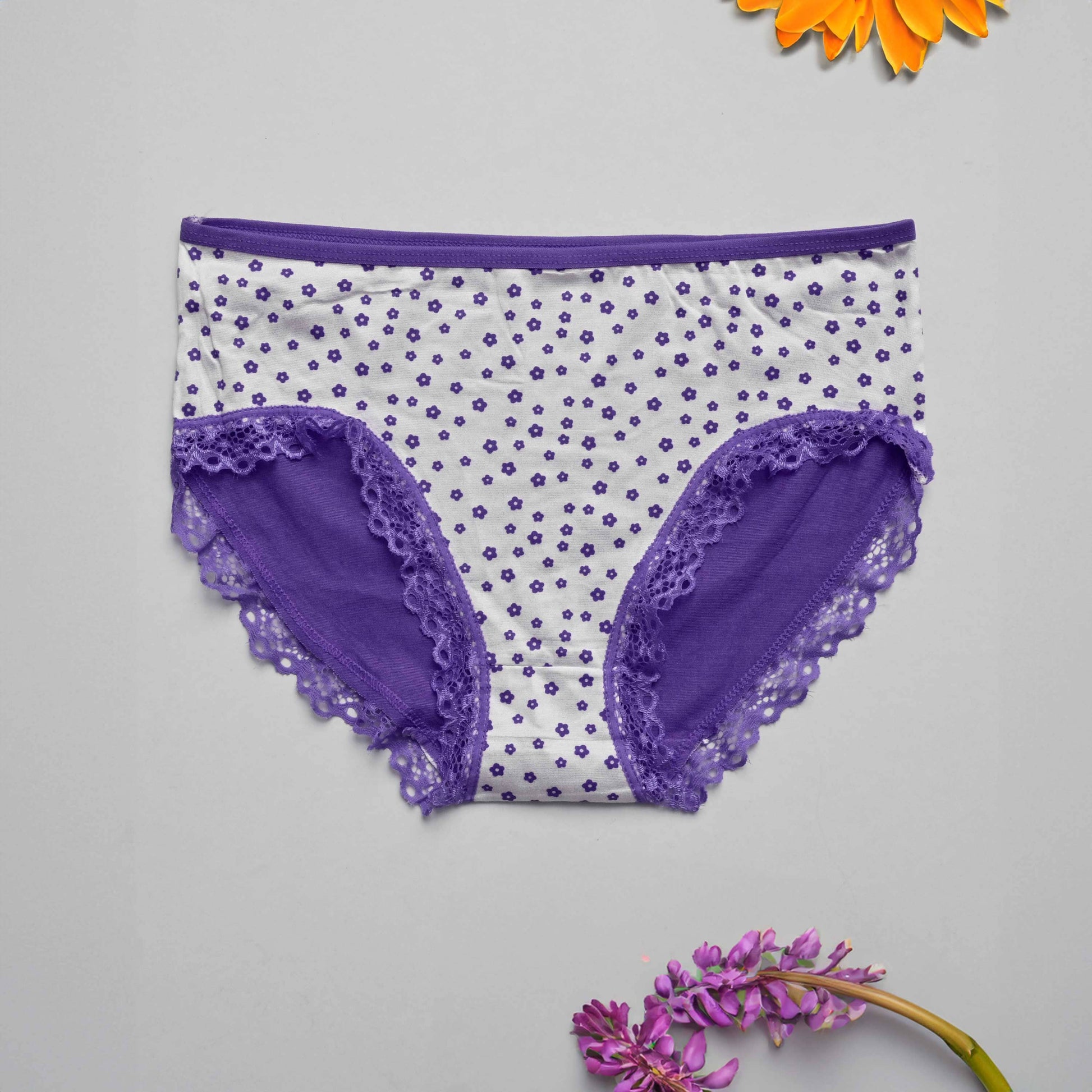 Women's Lace Design Floral Printed Hipster Boxer Women's Panties SRL White & Purple 28-32 