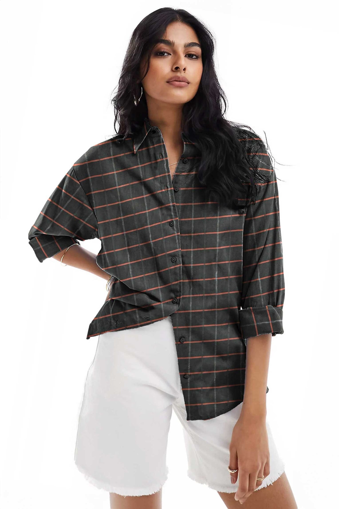 East West Women's Check Design Button Down Minor Fault Shirt Women's Casual Top East West 