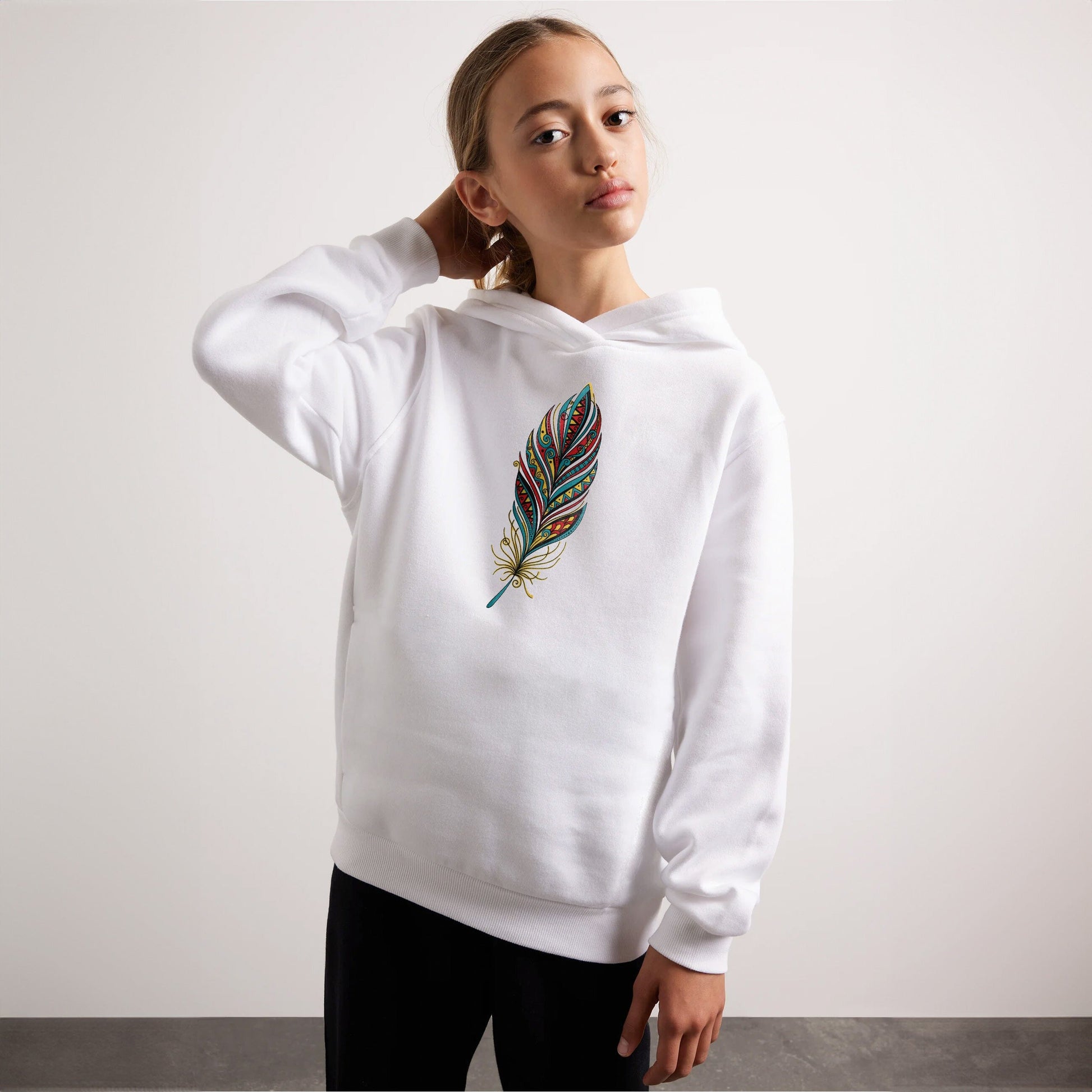 Code Girl's Feather Printed Fleece Pullover Hoodie Girl's Pullover Hoodie SZK Off White 5-6 Years 