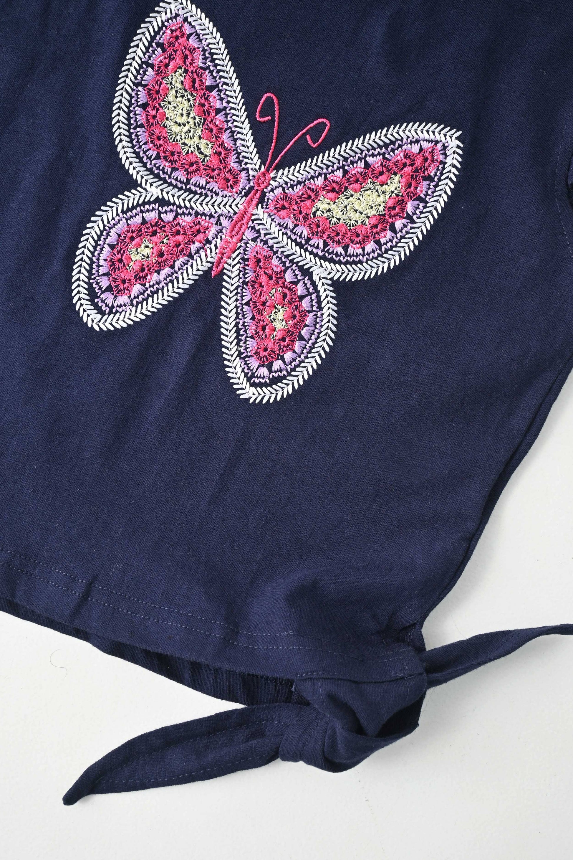 VC Girl's Butterfly Embroidered Short Sleeve Tee Shirt