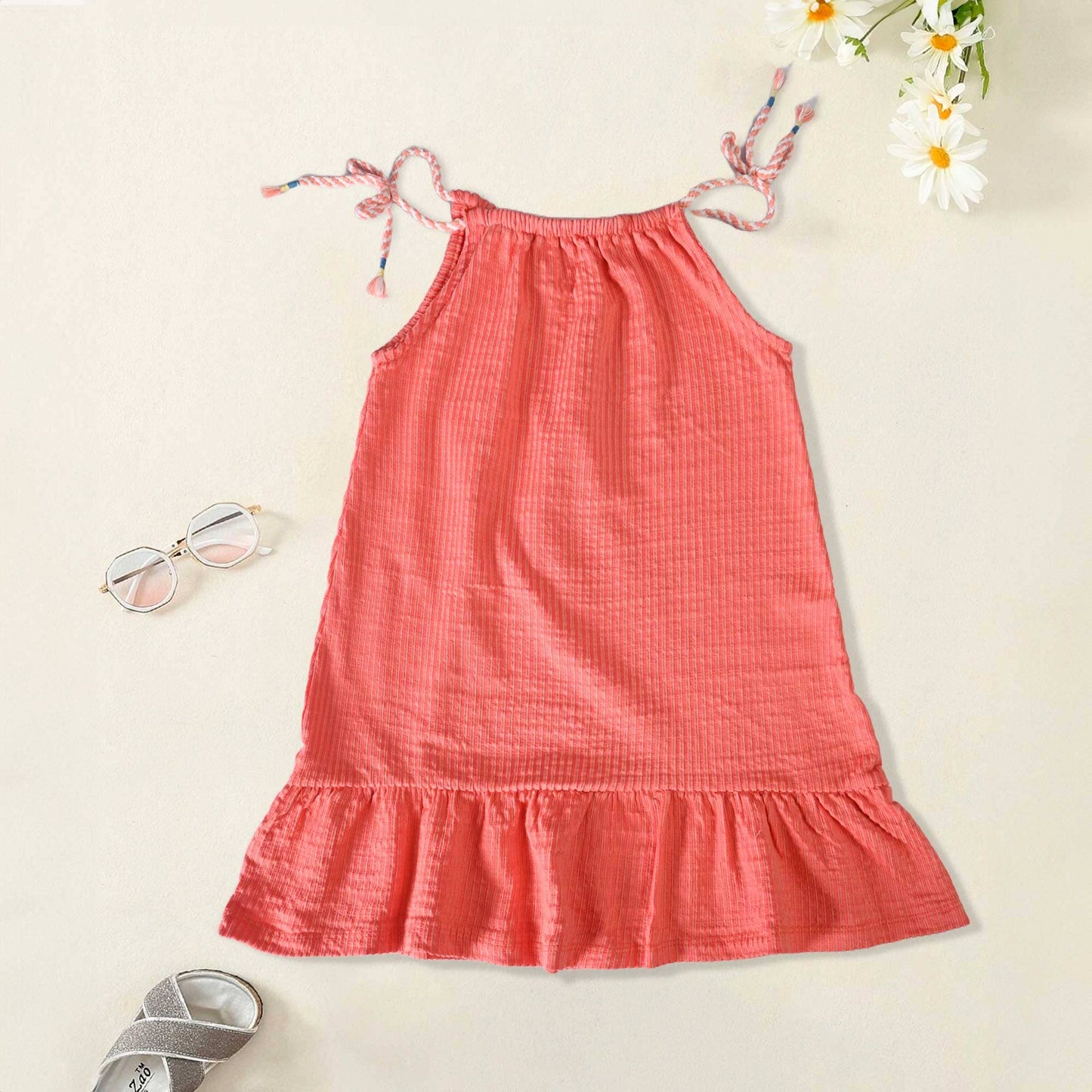 Girl's Drawstring Shoulder Striped Style Frock