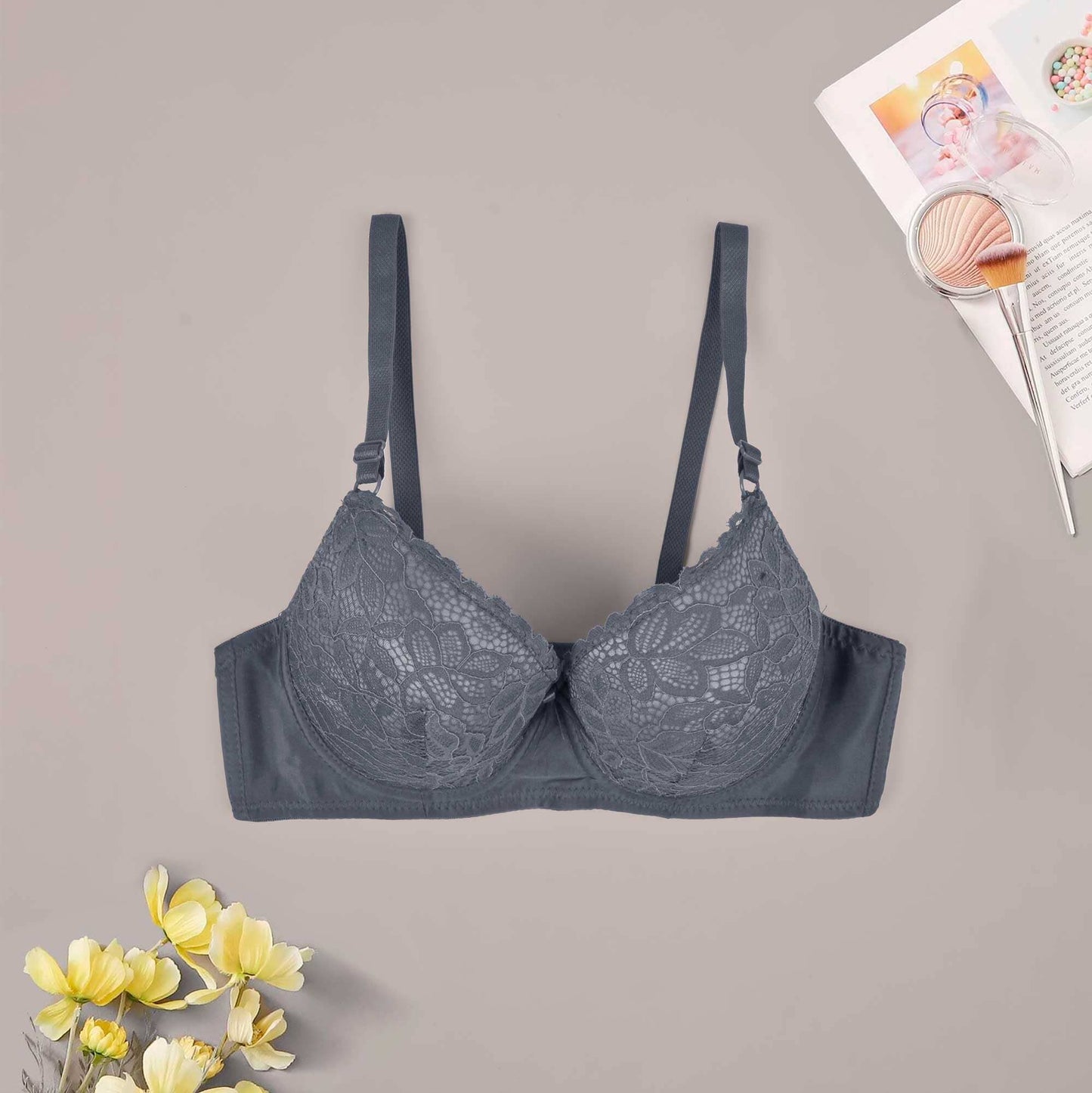 Yanni Women's Stretched Floral Embroidered Wired Padded Push Up Bra Women's Lingerie RAM Slate Grey 38 