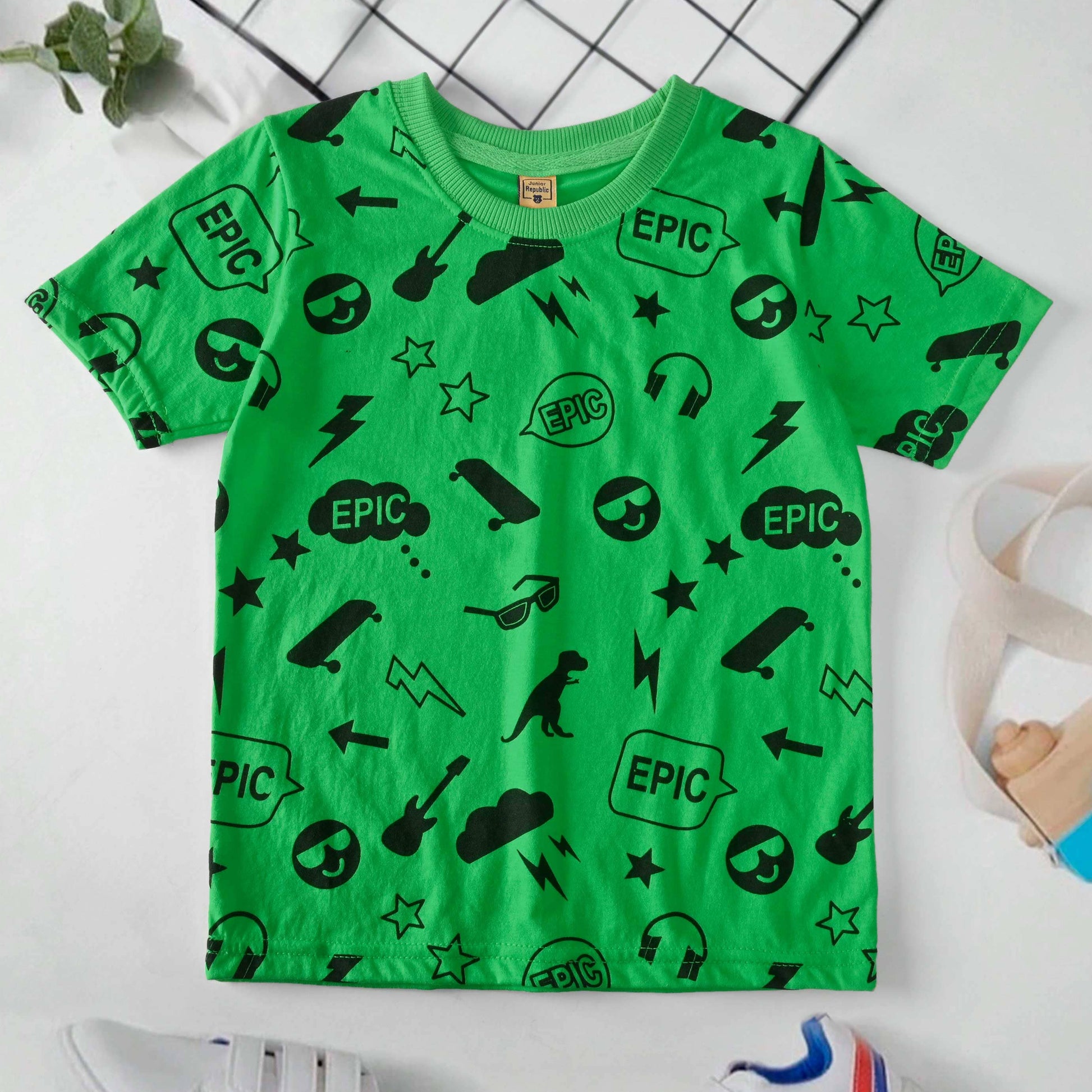 Junior Republic Kid's Epic Printed Crew Neck Tee Shirt Boy's Tee Shirt JRR Green 1-2 Years 