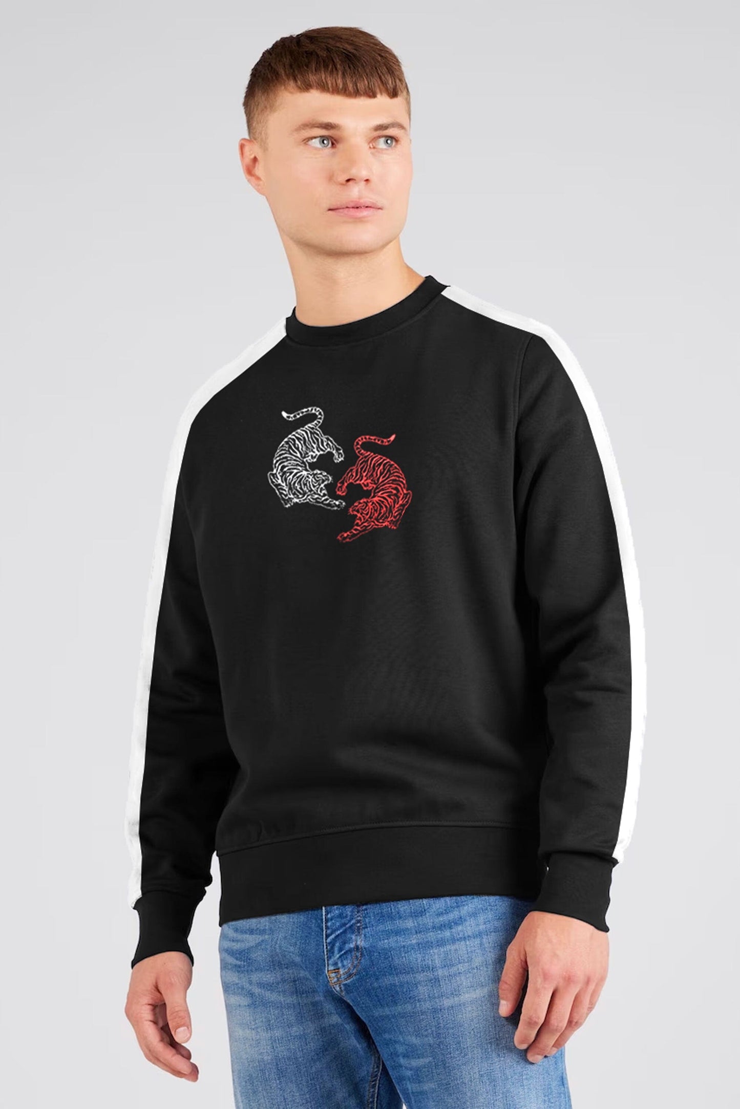 Polo Republica Men's Double Tigers Embroidered Contrast Sleeves Fleece Sweat Shirt Men's Sweat Shirt Polo Republica 