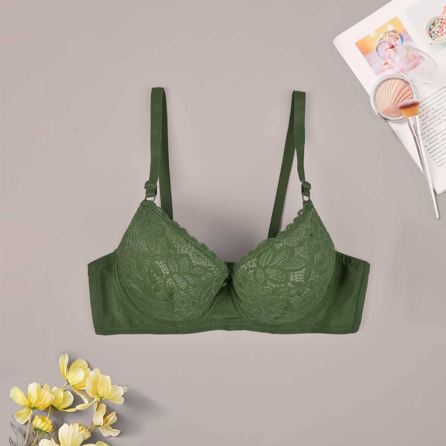 Yanni Women's Stretched Floral Embroidered Wired Padded Push Up Bra Women's Lingerie RAM Green 38 