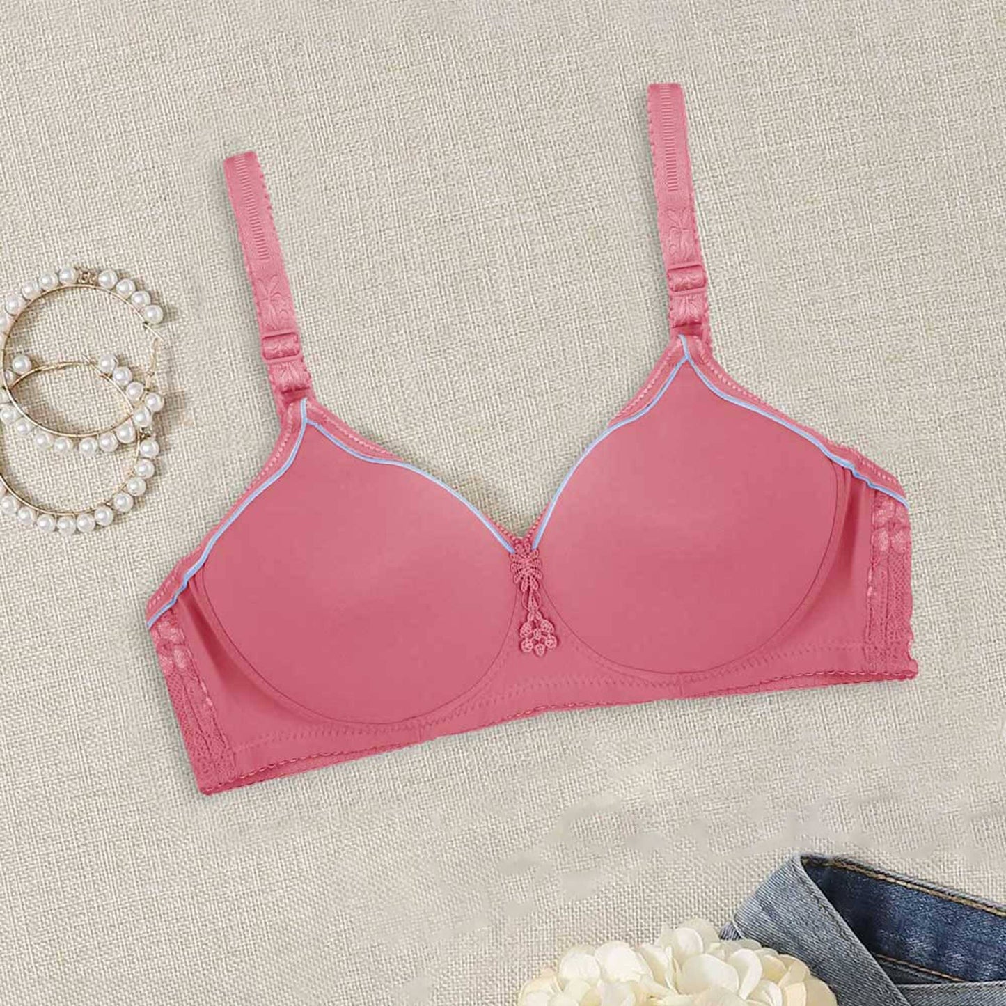 Women's Contrast Piping Design Foam Padded Bra Women's Lingerie SRL Pink 32 