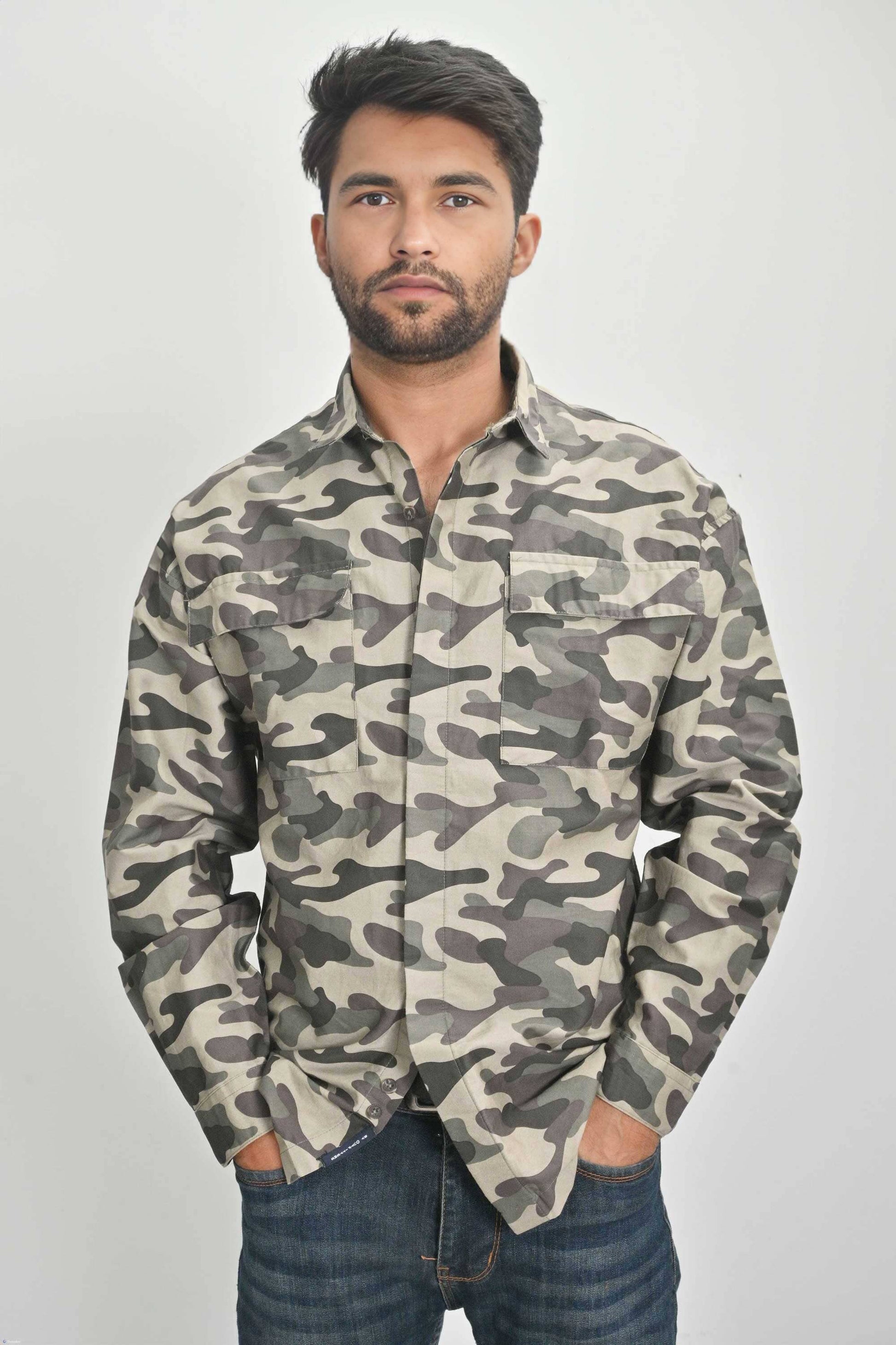 Men's Camo Printed Chest Pocket Design Long Sleeves Casual Shirt