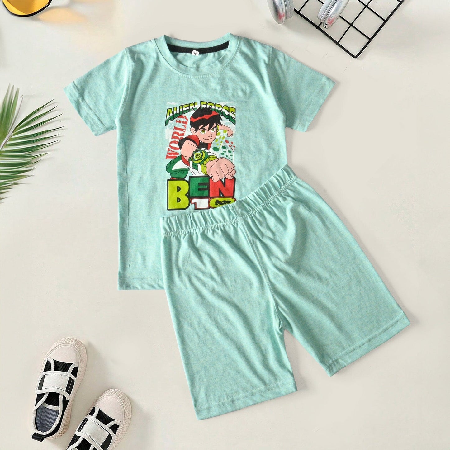 Kid's BEN10 Printed Tee Shirt & Shorts Set Boy's Twin Set ASE 18(2-3 Years) Turquoise 