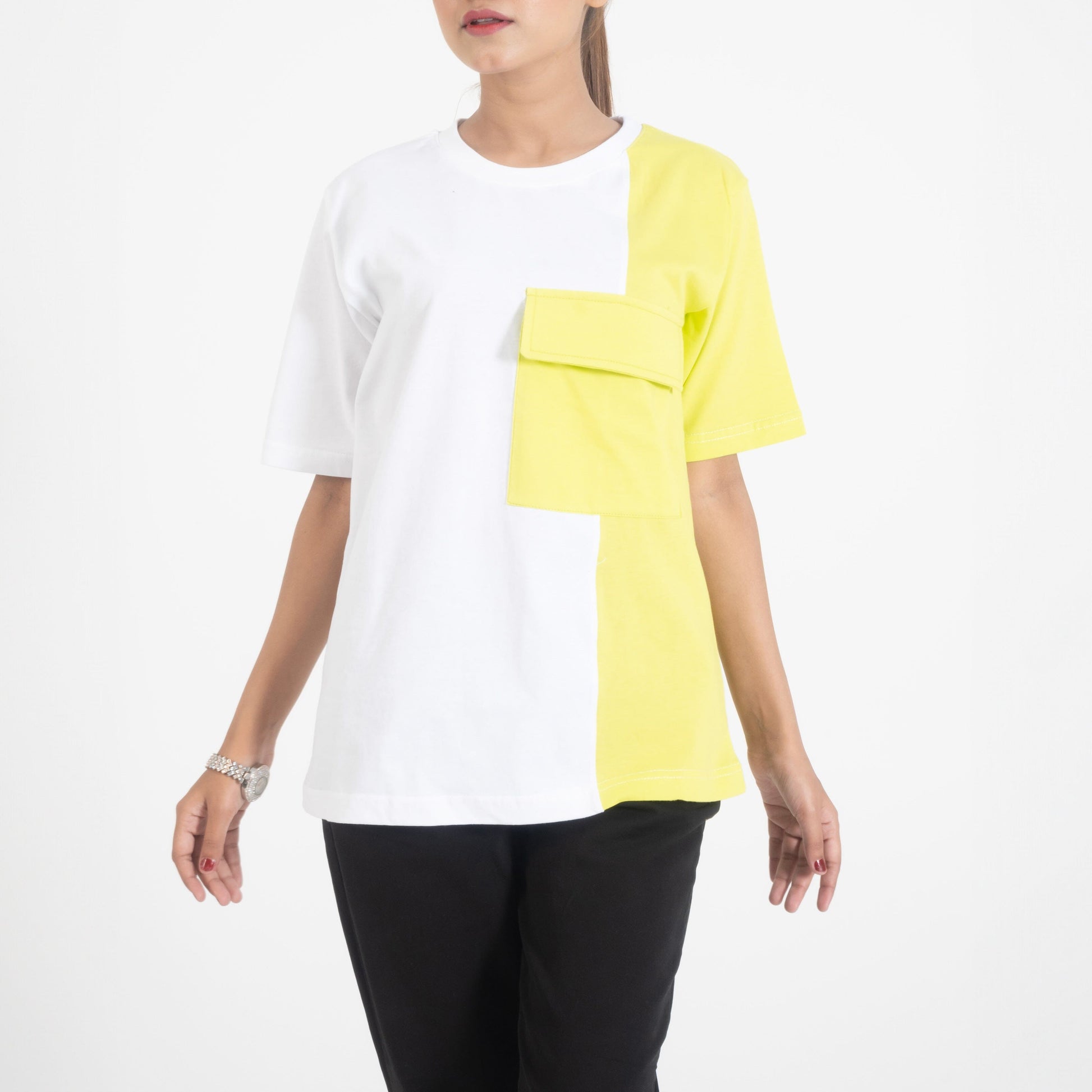 East West Women's Contrast Panel Short Sleeve Tee Shirt Women's Tee Shirt East West White & Lime XS 