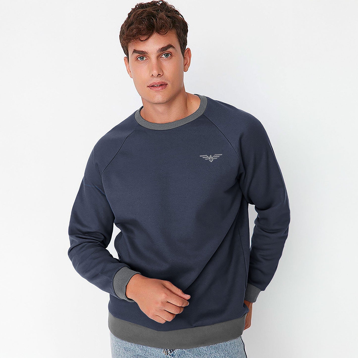 Eternity Premium Men's Logo Embroidered Contrast Neck Raglan Sleeve Sweat Shirt Men's Sweat Shirt ETY Navy & Grey S 