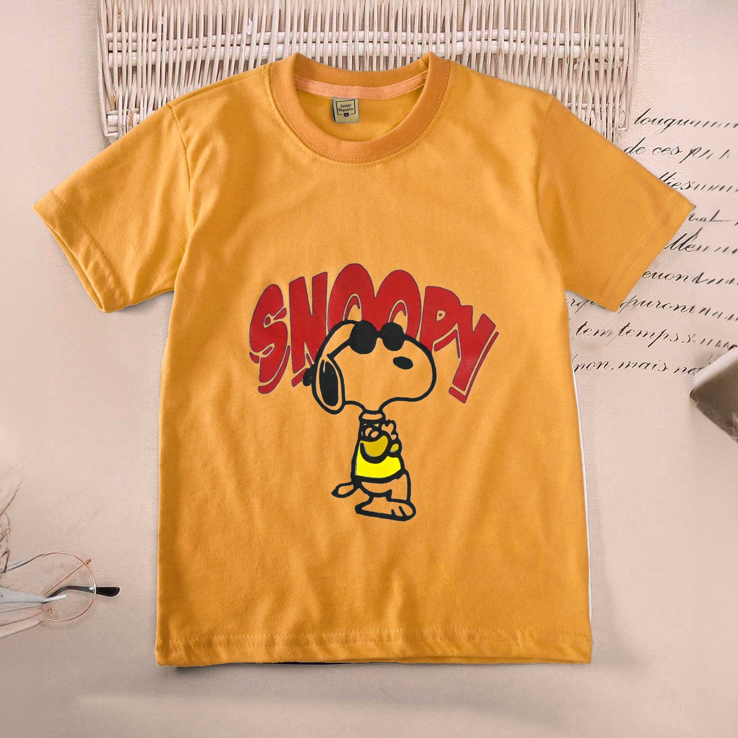 Junior Republic Kid's Snoopy Printed Crew Neck Tee Shirt Boy's Tee Shirt JRR Yellow 1-2 Years 