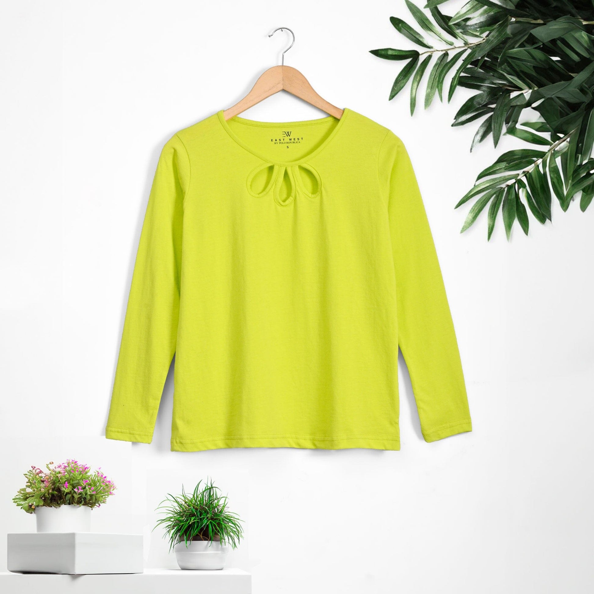 East West Women's Key Hole Neckline Long Sleeve Tee Shirt Women's Tee Shirt East West Lime S 