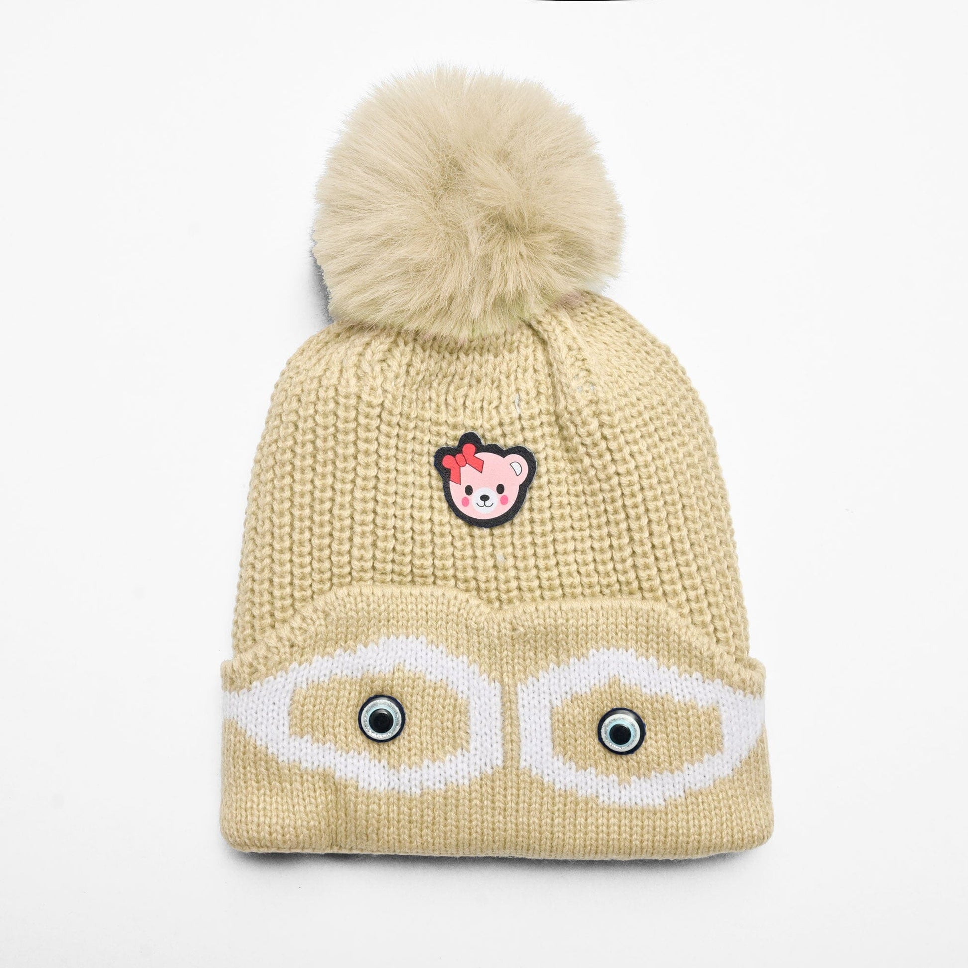 Kid's Pom Pom Fur Beanie Cap Cap SRL Cream 