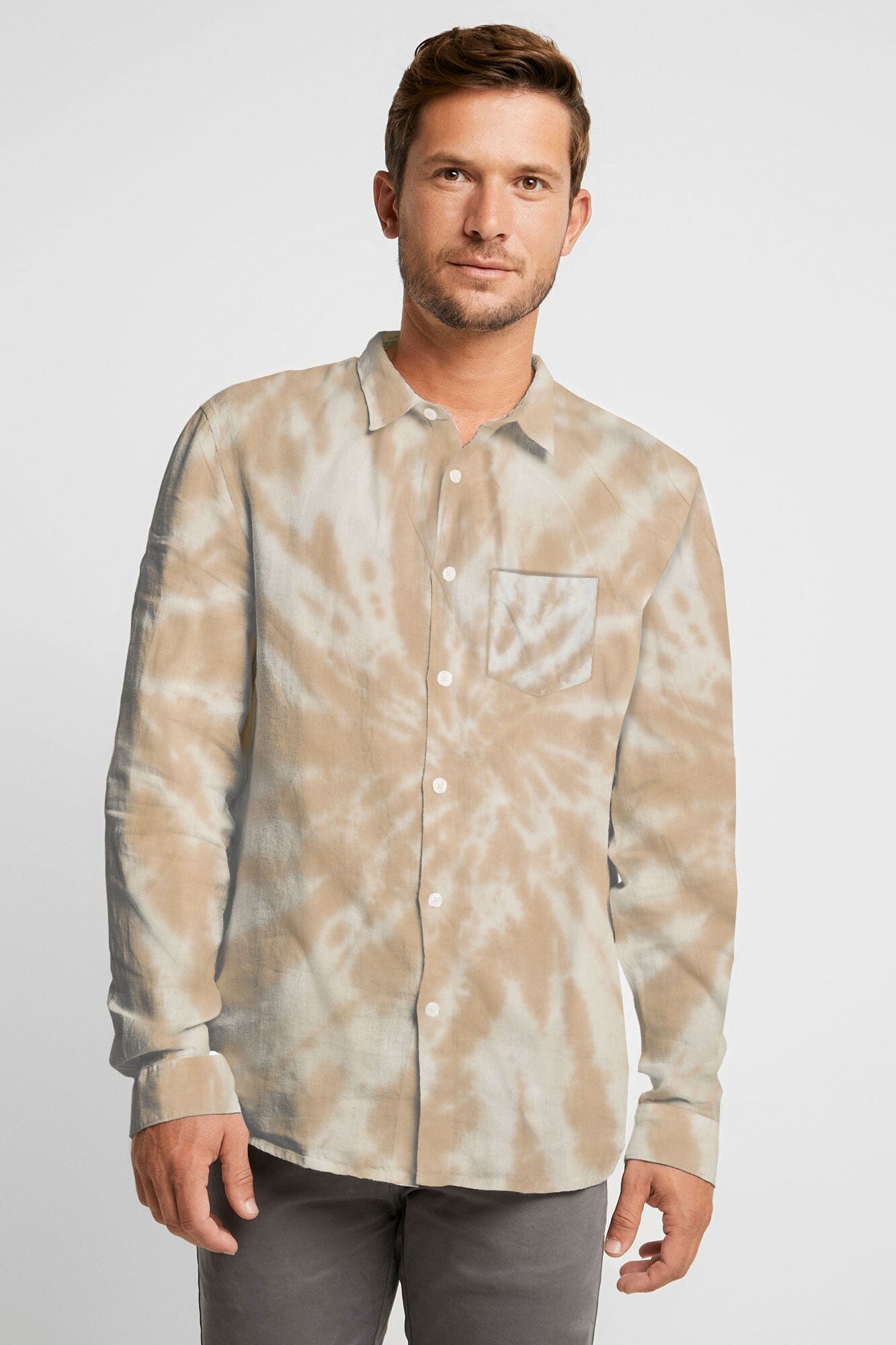 HUDHUD Men's Tie & Dye Style Casual Shirt Men's Casual Shirt MHJ Beige S 